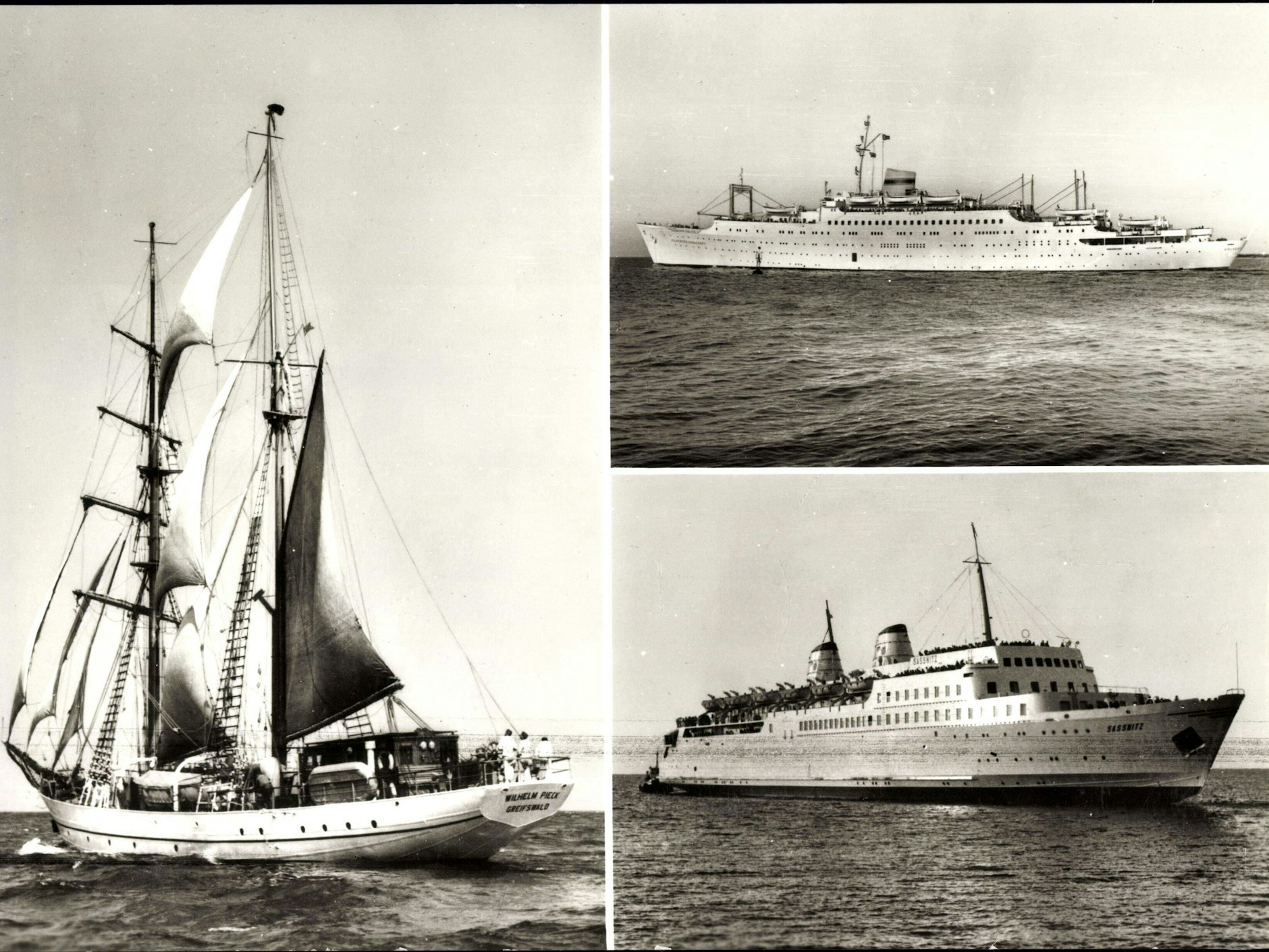 Die alte Postkarte zeigt wichtige Schiffe der DDR: Das Segelschulschiff Wilhelm Pieck, das Urlauberschiff Völkerfreundschaft und die Fähre Sassnitz.