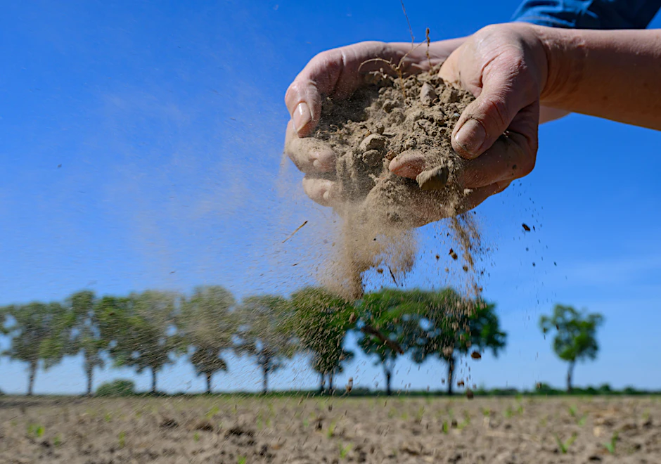 Eine Frau zeigt trockenen Ackerboden auf einem Feld in Sieversdorf in Brandenburg. Seit Wochen kein Regen, trockene Böden und gefährdete Ernten: Brandenburgs Landwirte fürchten erneut eine Dürre-Saison.