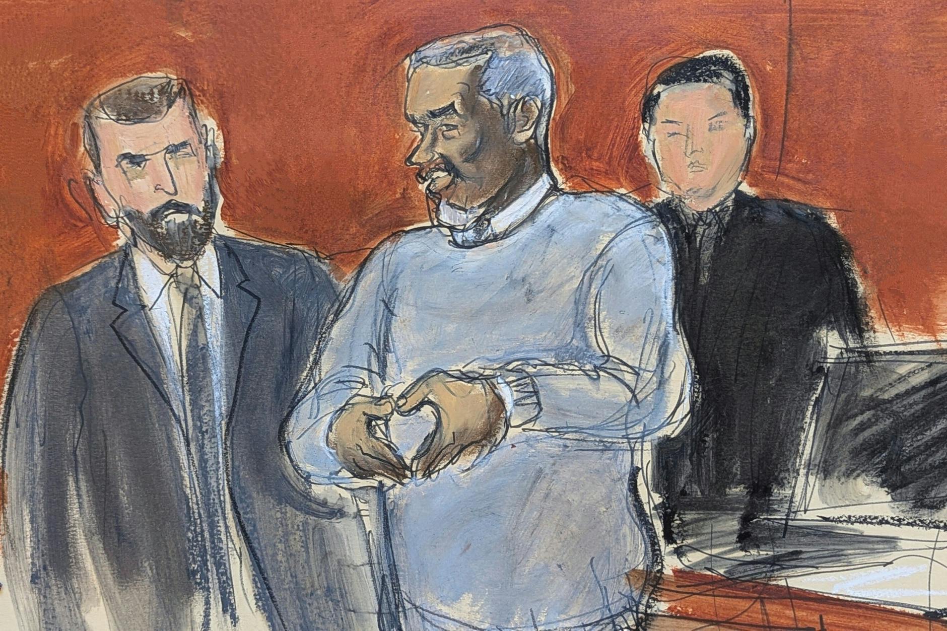 Die Gerichtszeichnung zeigt Sean „Diddy“ Combs (M), der seiner Familie ein Herzzeichen mit den Händen bildet.