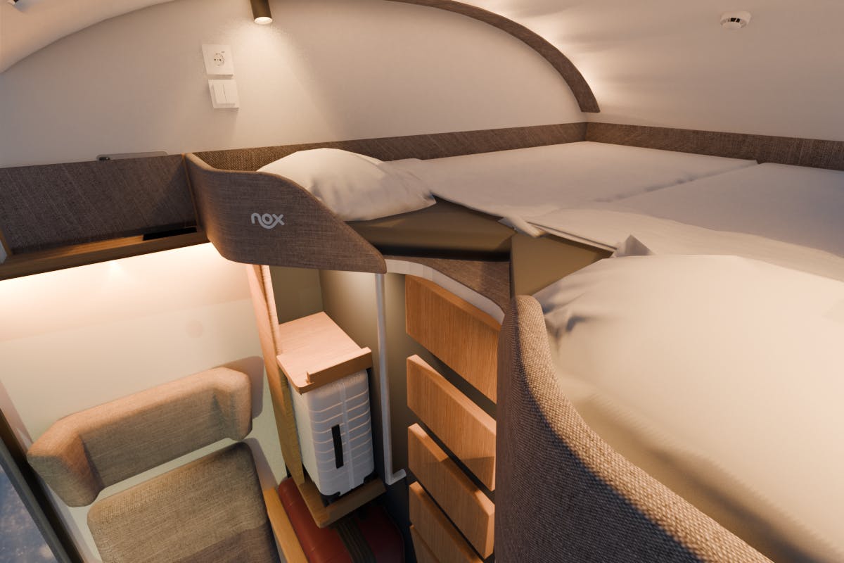 Ein breites Doppelbett, eine Sitzgelegenheit, ein Tisch: Die Simulation zeigt, wie der Double Loft Room im Nox-Nachtzug aussehen soll. Bett und Fahrkarte sollen 75 Euro kosten.