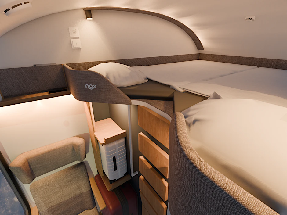 Ein breites Doppelbett, eine Sitzgelegenheit, ein Tisch: Die Simulation zeigt, wie der Double Loft Room im Nox-Nachtzug aussehen soll. Bett und Fahrkarte sollen 75 Euro kosten.