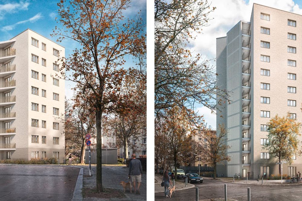 Die Vision für die neuen Wohngebäude in Tempelhof-Schöneberg: achtgeschossiger Neubau (links), zwölfgeschossiger Neubau (rechts).