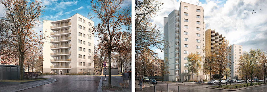 Die Vision für die neuen Wohngebäude in Tempelhof-Schöneberg: achtgeschossiger Neubau (links), zwölfgeschossiger Neubau (rechts).