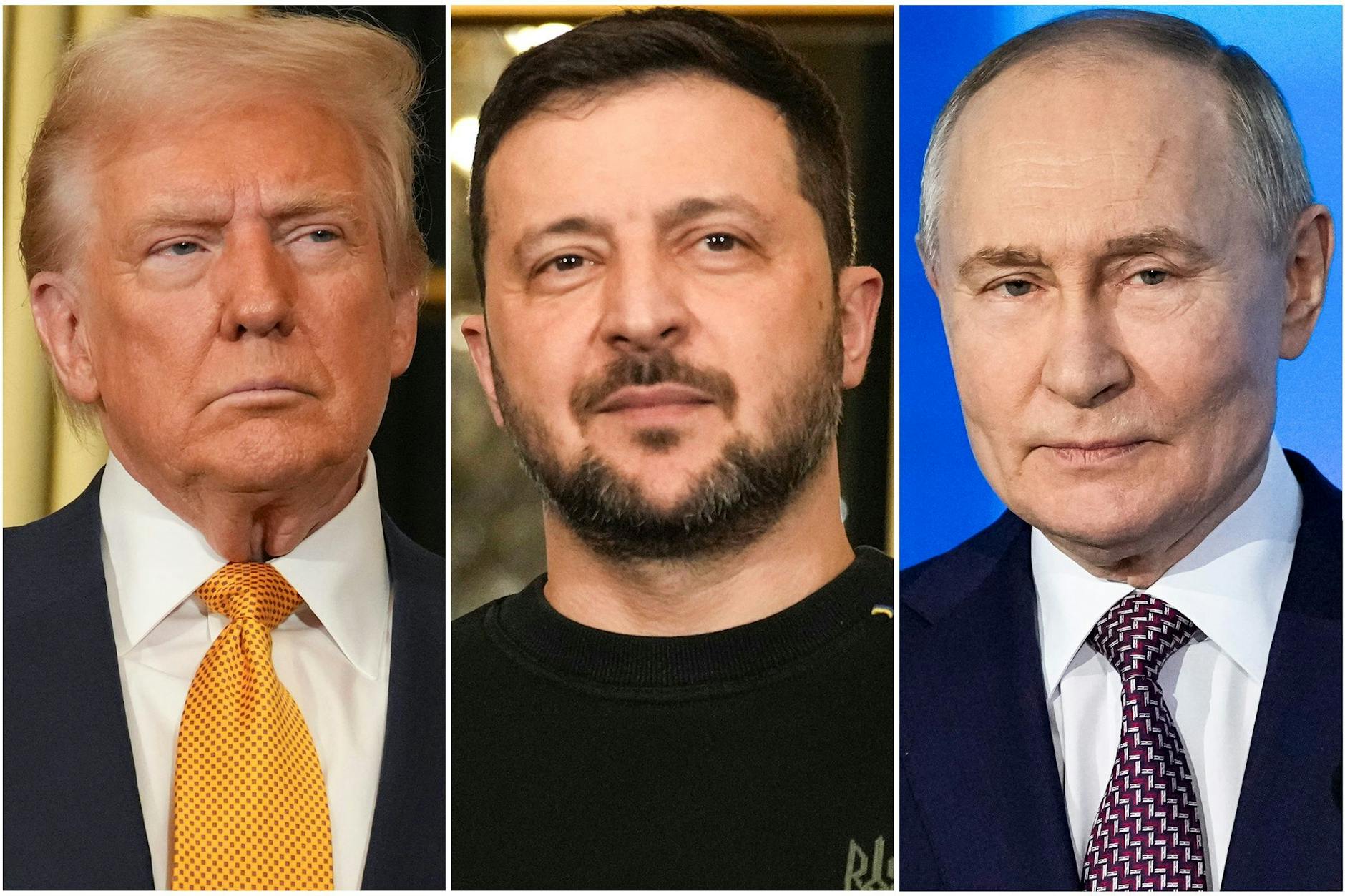 Schwierige Beziehungen: Die Präsidenten der USA, Donald Trump (l.), der Ukraine, Wolodymyr Selenskyj (M.), und Russlands, Wladimir Putin (r.)