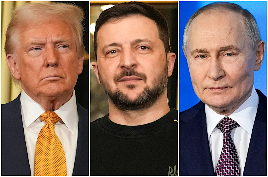 Schwierige Beziehungen: Die Präsidenten der USA, Donald Trump (l.), der Ukraine, Wolodymyr Selenskyj (M.), und Russlands, Wladimir Putin (r.)