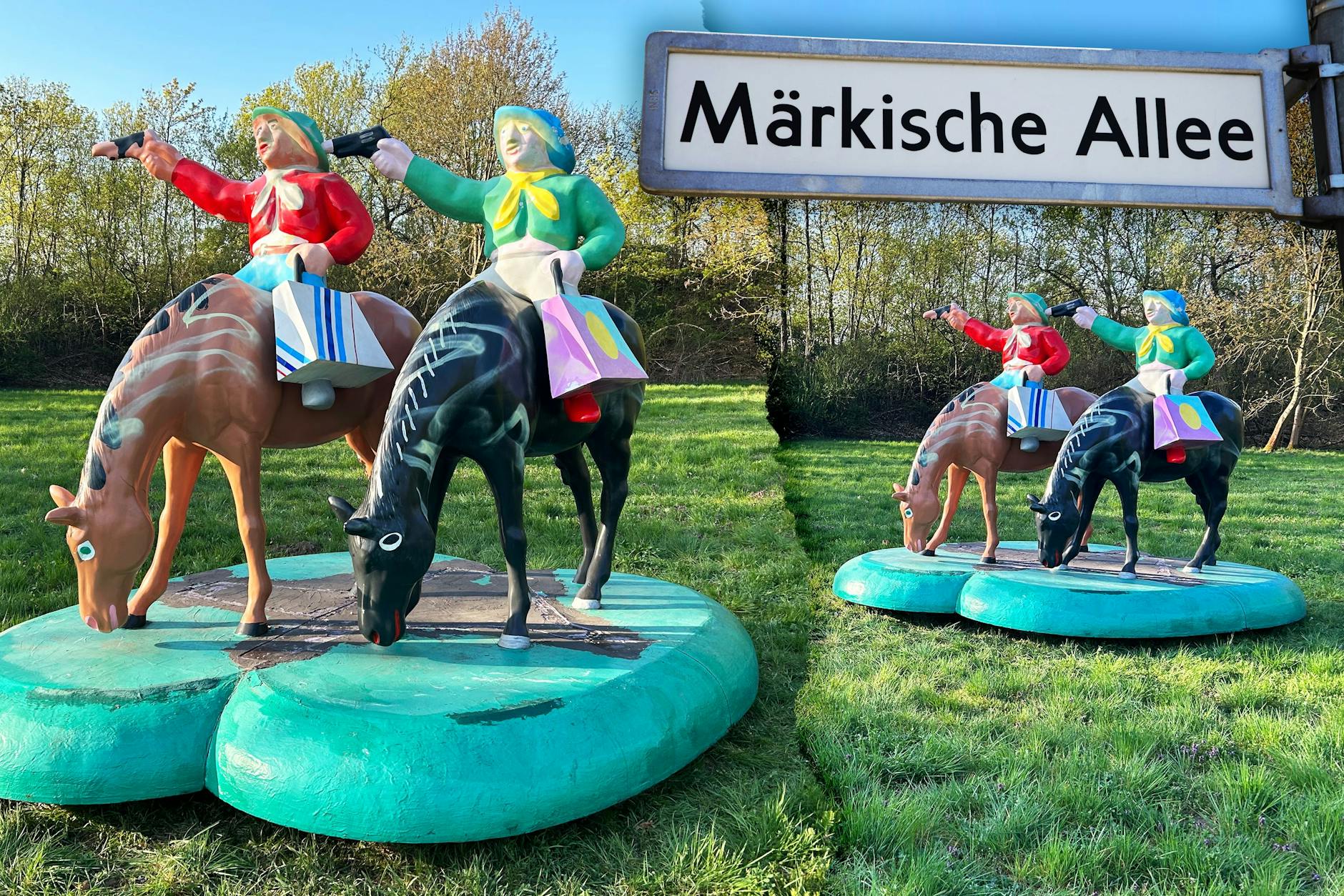 Seit Wochen stehen auf einer Wiese an der Märkischen Allee in Biesdorf zwei große Cowboys. Wer hat sie dort abgestellt und wo kommen sie her? Wir lüften das Geheimnis!