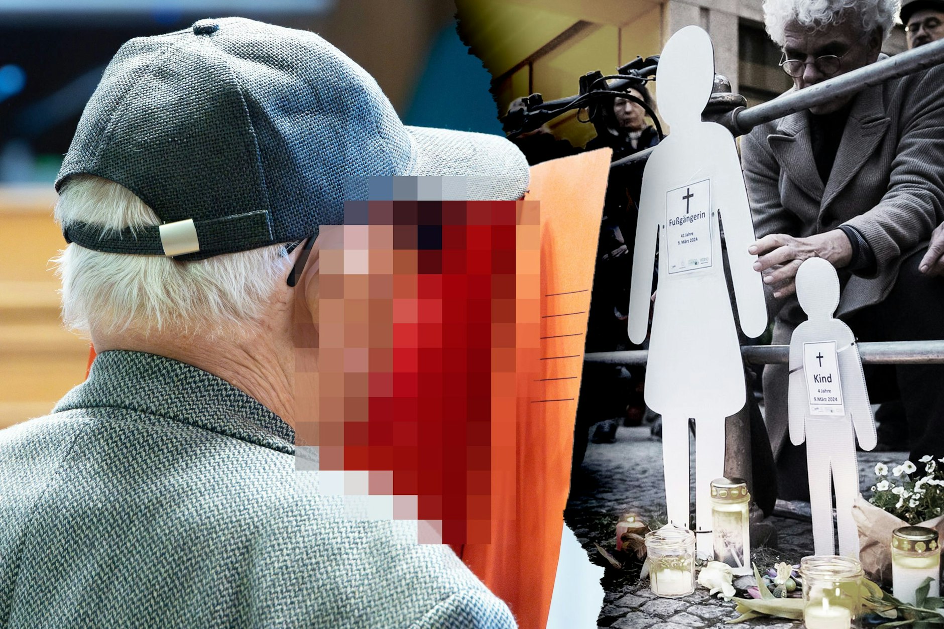 Der Angeklagte (84) vor Gericht. Rechts: Bei einer Mahnwache nach dem Unfall wurden in der Leipziger Straße in Berlin-Mitte zwei weiße Figuren aufgestellt.