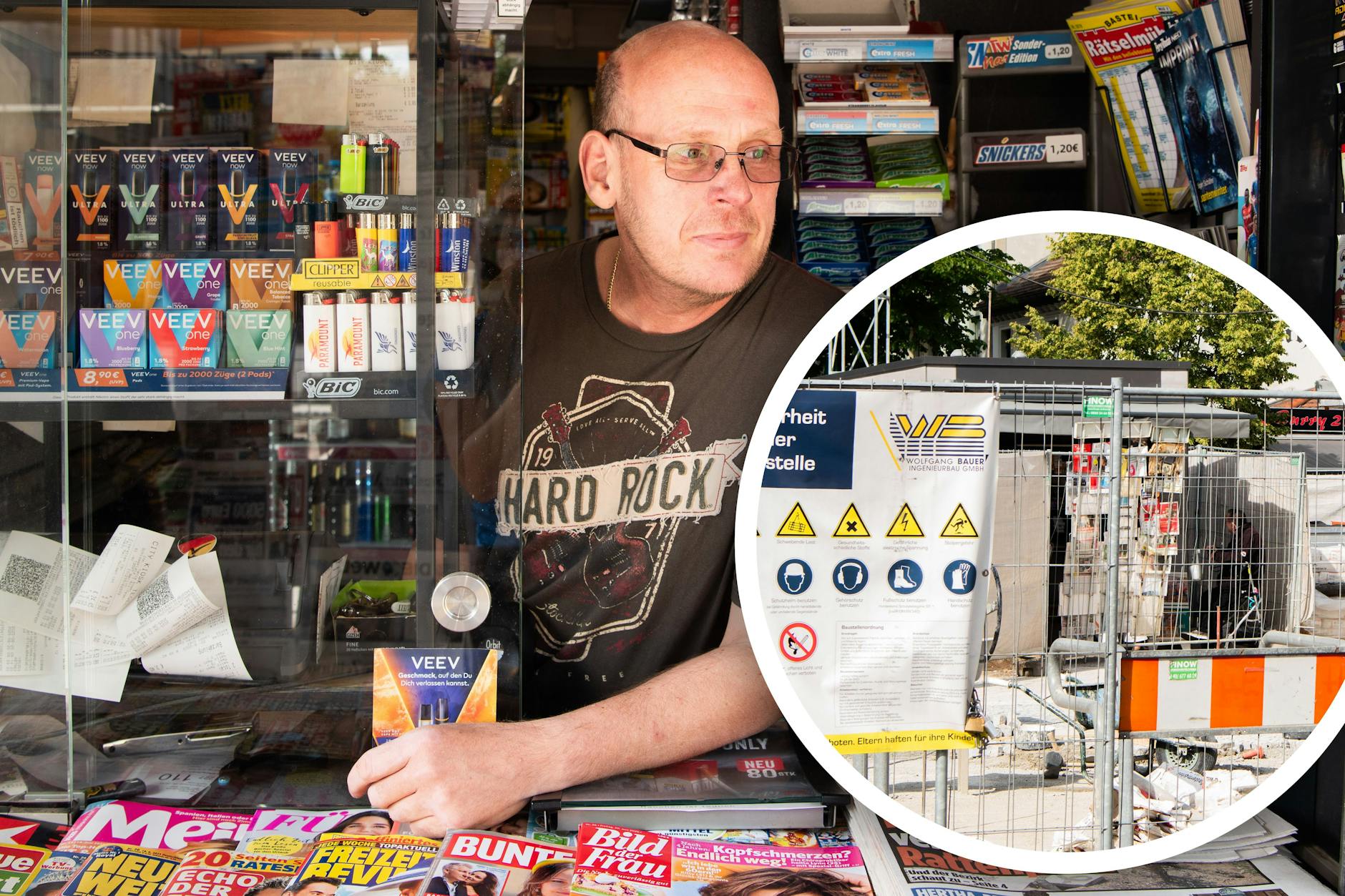 Jörg Engel und sein Kiosk sind wegen Bauarbeiten der U8 und U6 von Bauzäunen umzingelt. Er führt nach seinem Schwiegervater den Kiosk in 3. Generation.