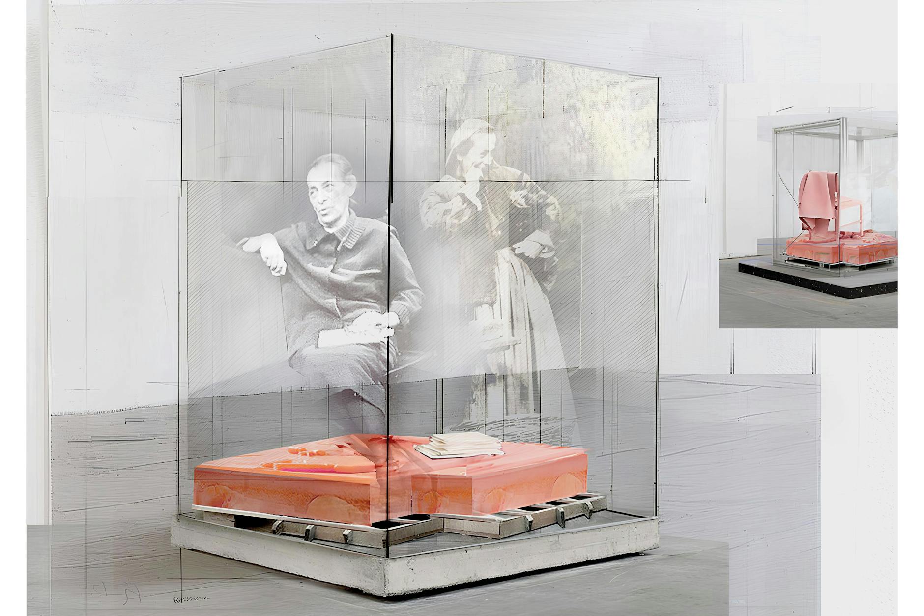Sugerencia de presencia: La figura de Helene Weigel se aplica sobre el vidrio de la escultura mediante serigrafía, aquí como directora artística (arriba a la izquierda) y en su papel característico de “Madre Coraje”.