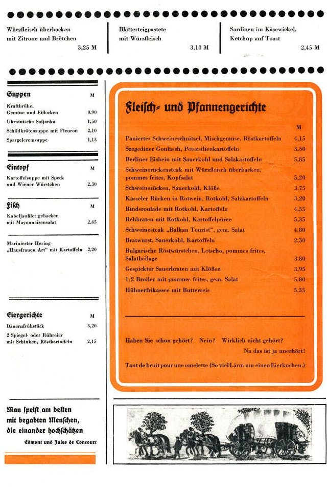 Ausschnitt aus der Speisekarte der Astoria-Klause im Interhotel Leipzig. Auch hier konnten die Gäste zu DDR-Zeiten leckere Speisen genießen.