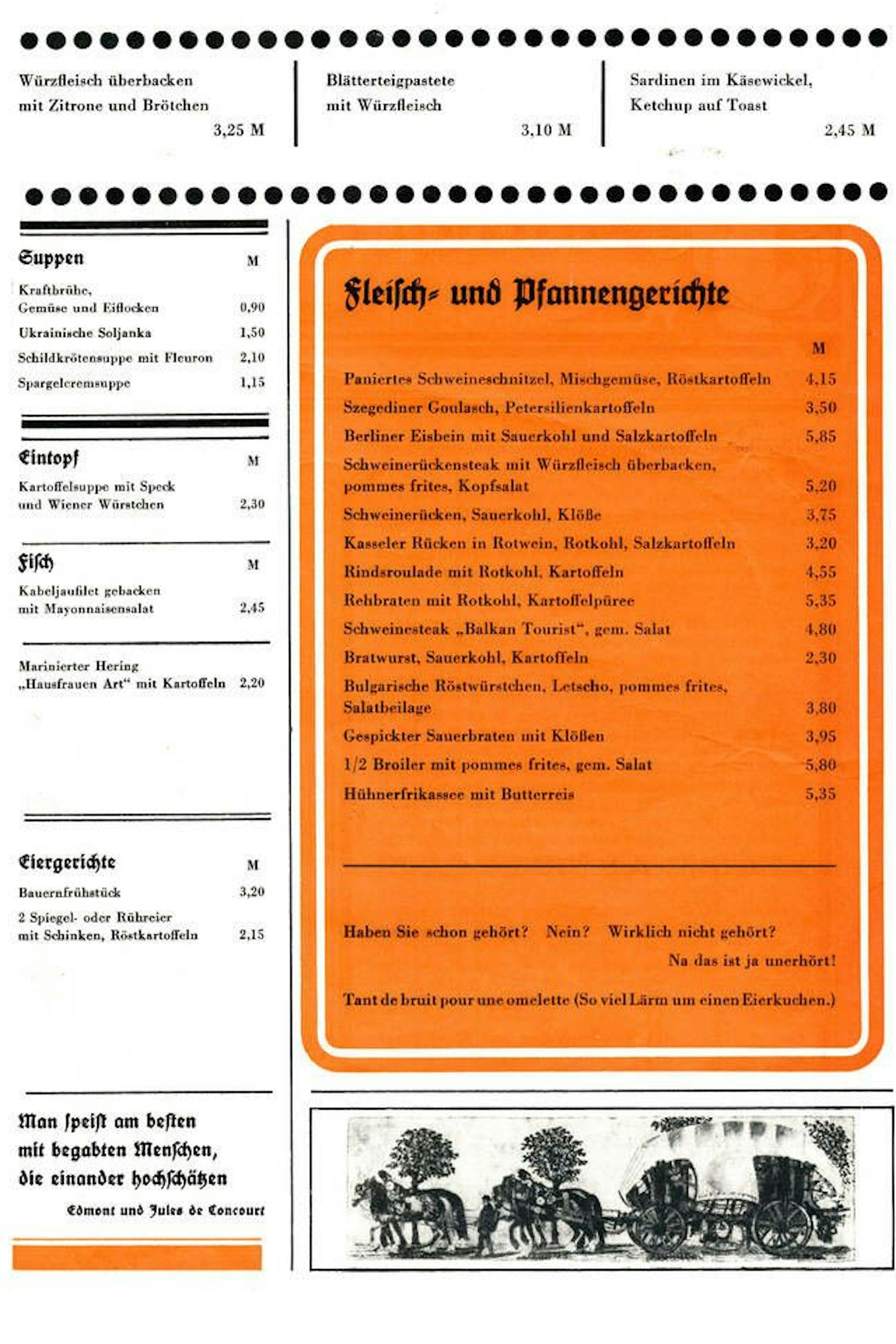 Ausschnitt aus der Speisekarte der Astoria-Klause im Interhotel Leipzig. Auch hier konnten die Gäste zu DDR-Zeiten leckere Speisen genießen.