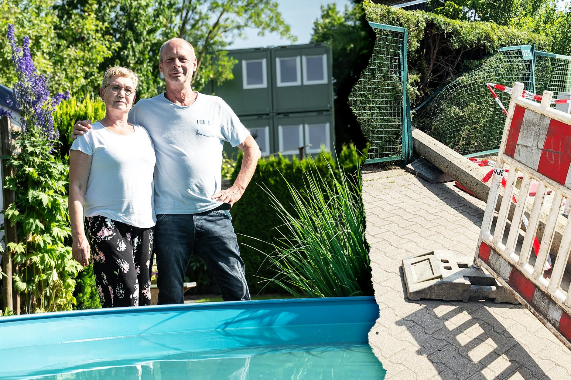 Jörg und Astrid Schwethelm am Pool in ihrer Parzelle in der Kleingartenanlage in Köpenick - im Hintergrund stehen bereits die Container. Die Kleingärtner berichten von einem Crash, bei dem eine Straßenlaterne in einer anderen Parzelle in der Anlage landete (Foto rechts).