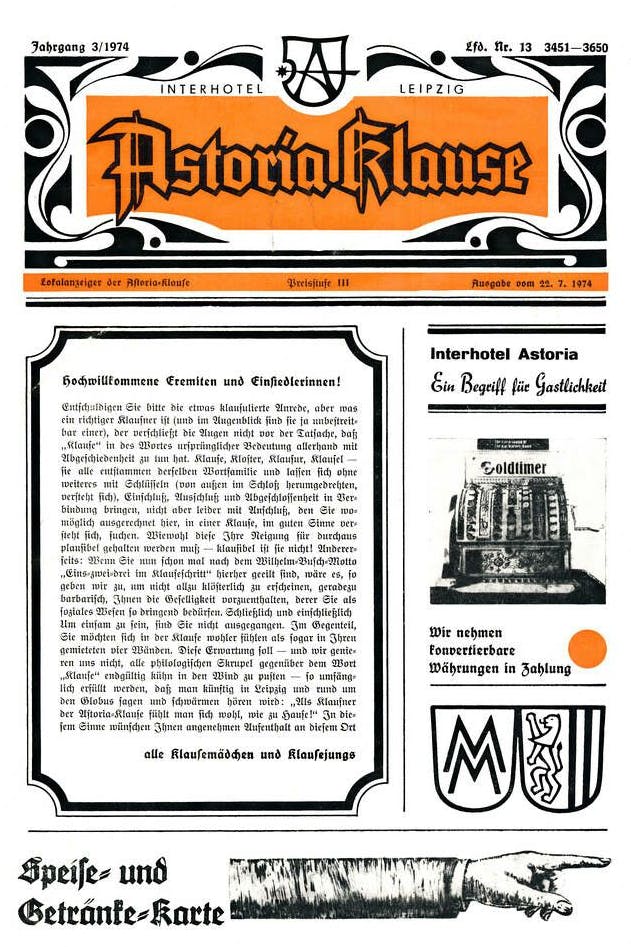 Das Deckblatt der Speisekarte der Astoria Klause im Interhotel Leipzig. Die Karte schlummert im DDR Museum Berlin.