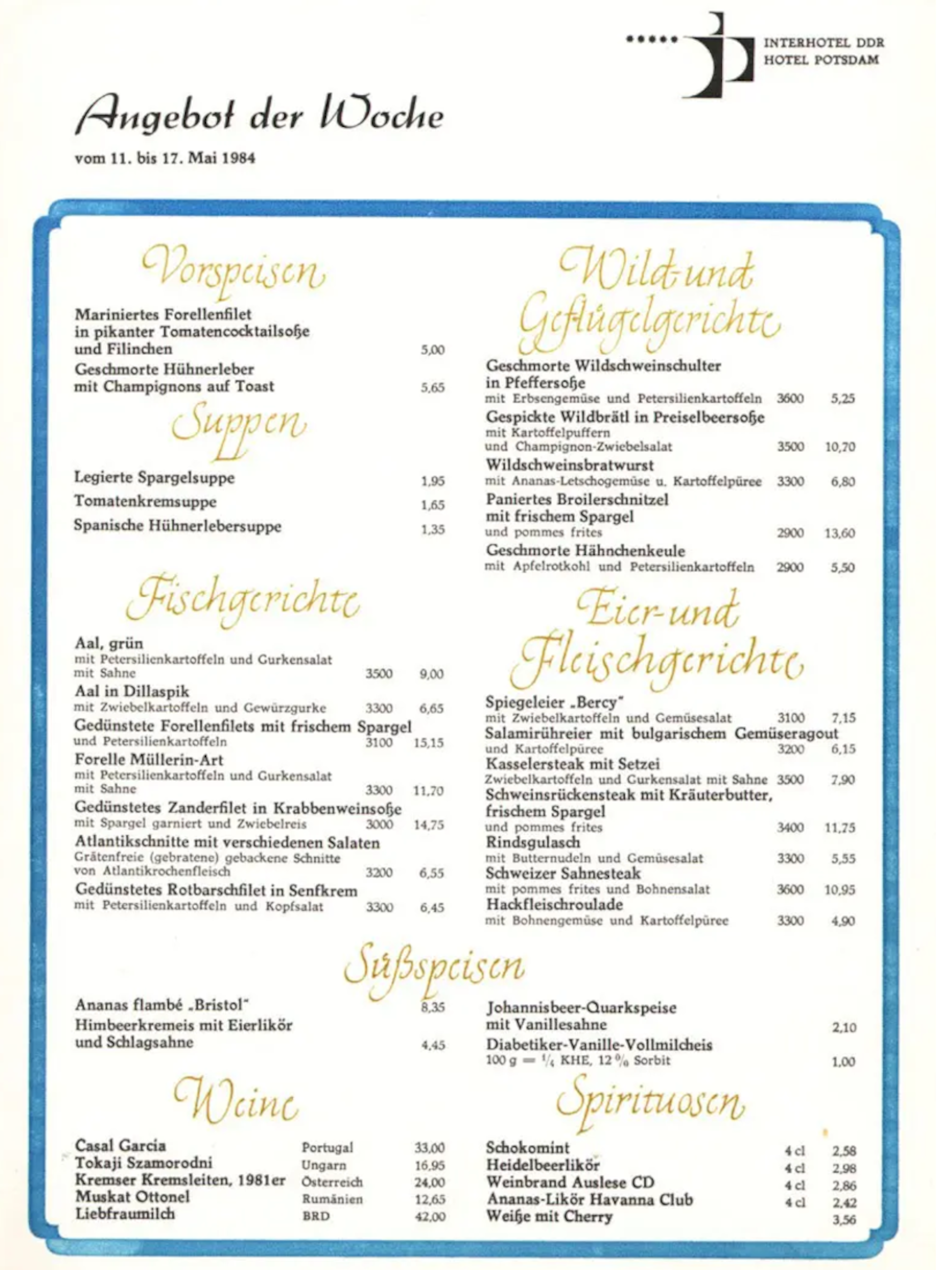 Die Speisekarte des Interhotel Potsdam zeigt, womit die Gäste dort in der DDR verköstigt wurden.