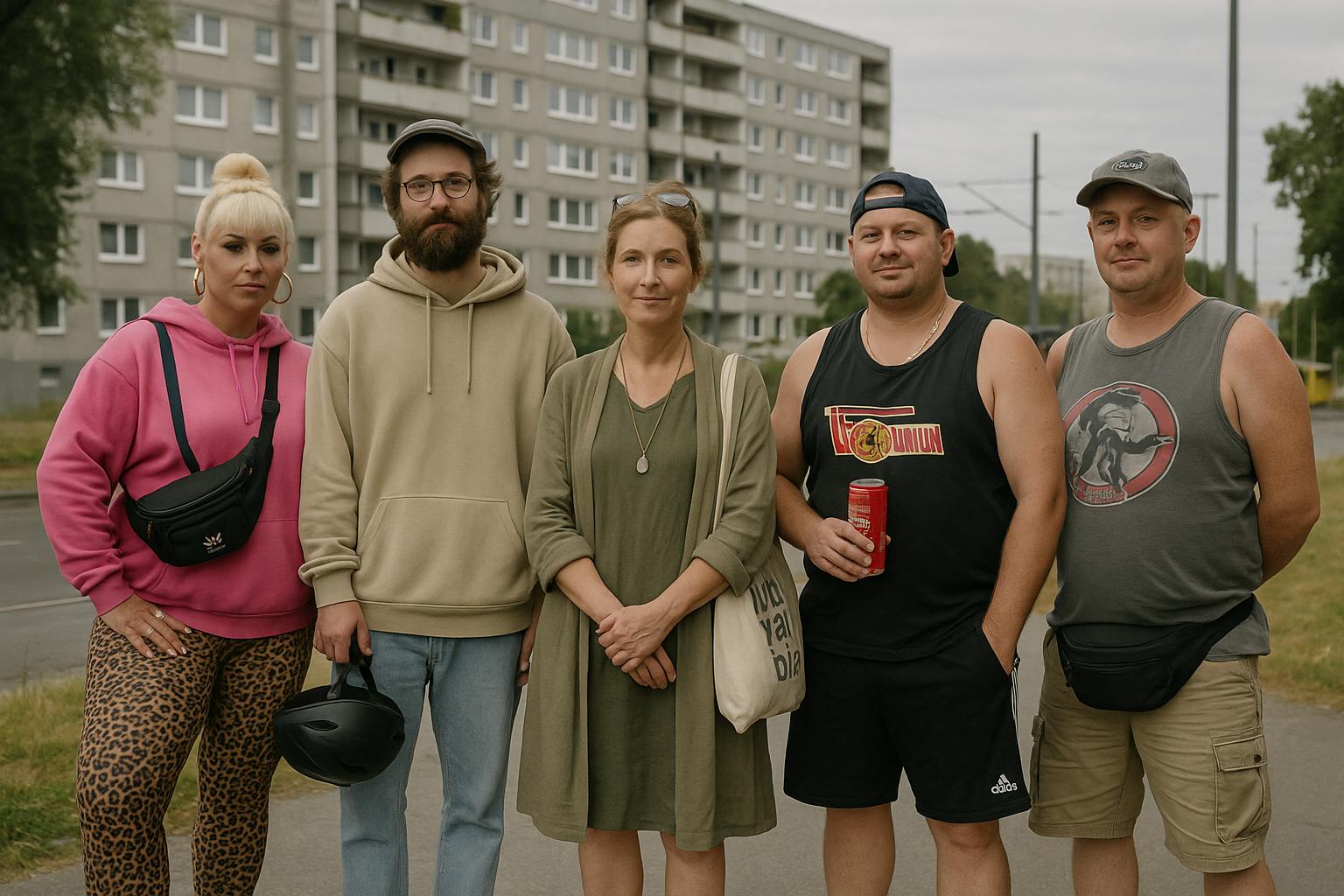 Von Union-Tanktop bis Jutebeutel und Leinenhosen: So kleidet man sich laut KI in Außenbezirken.