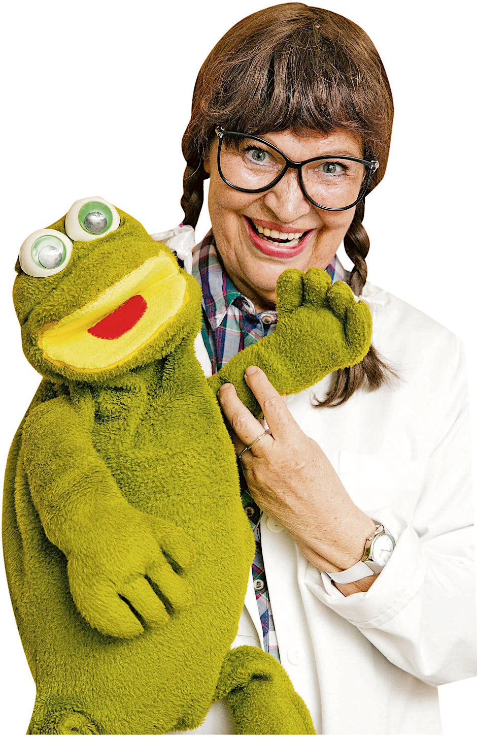 Schauspielerin Urte Blankenstein als Puppendoktor Pille und ihrem Bühnenpartner Frosch Quaki