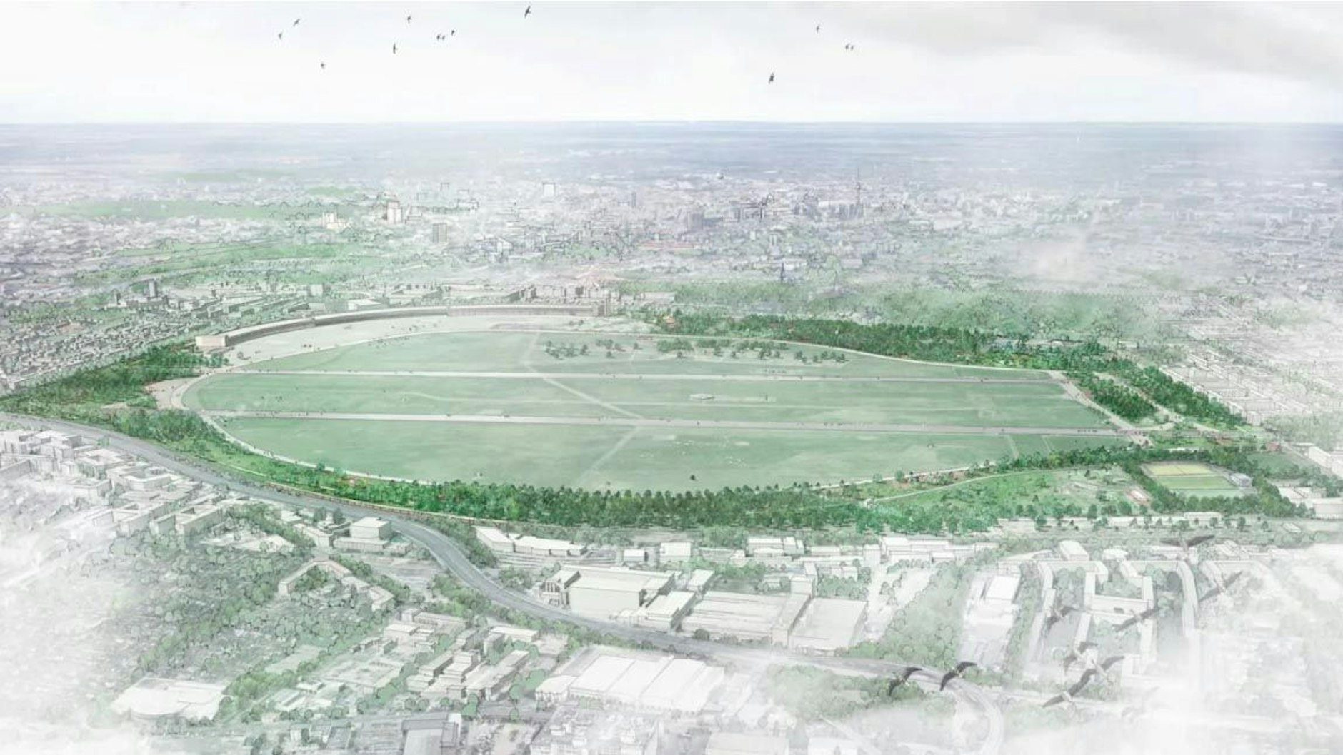 Beim Konzept „Build it Green!“ grenzt eine „Waldmembran“ das Tempelhofer Feld zum städtischen Bereich ab.