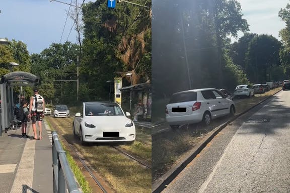 Ein Video aus Grünau zeigt, wie mehrere Autos statt der Straße einfach die benachbarte Straßenbahn-Trasse nutzen, um eine Engstelle zu umgehen.