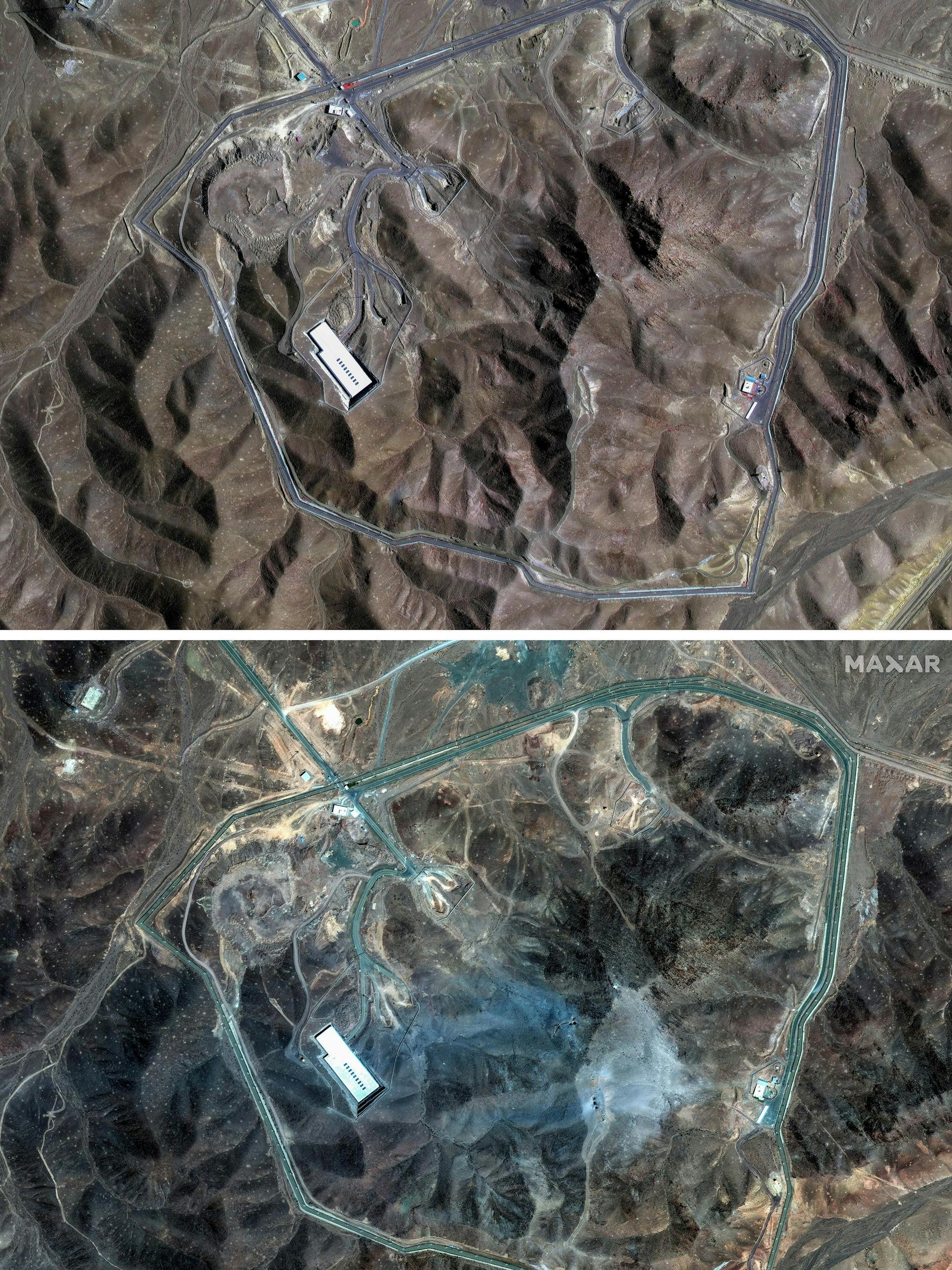 Die Kombo der Satellitenbilder zeigt die Anreicherungsanlage Fordo im Iran vor den US-Angriffen am 20. Juni 2025 (o.) und nach den Angriffen am 22. Juni 2025 (u.).