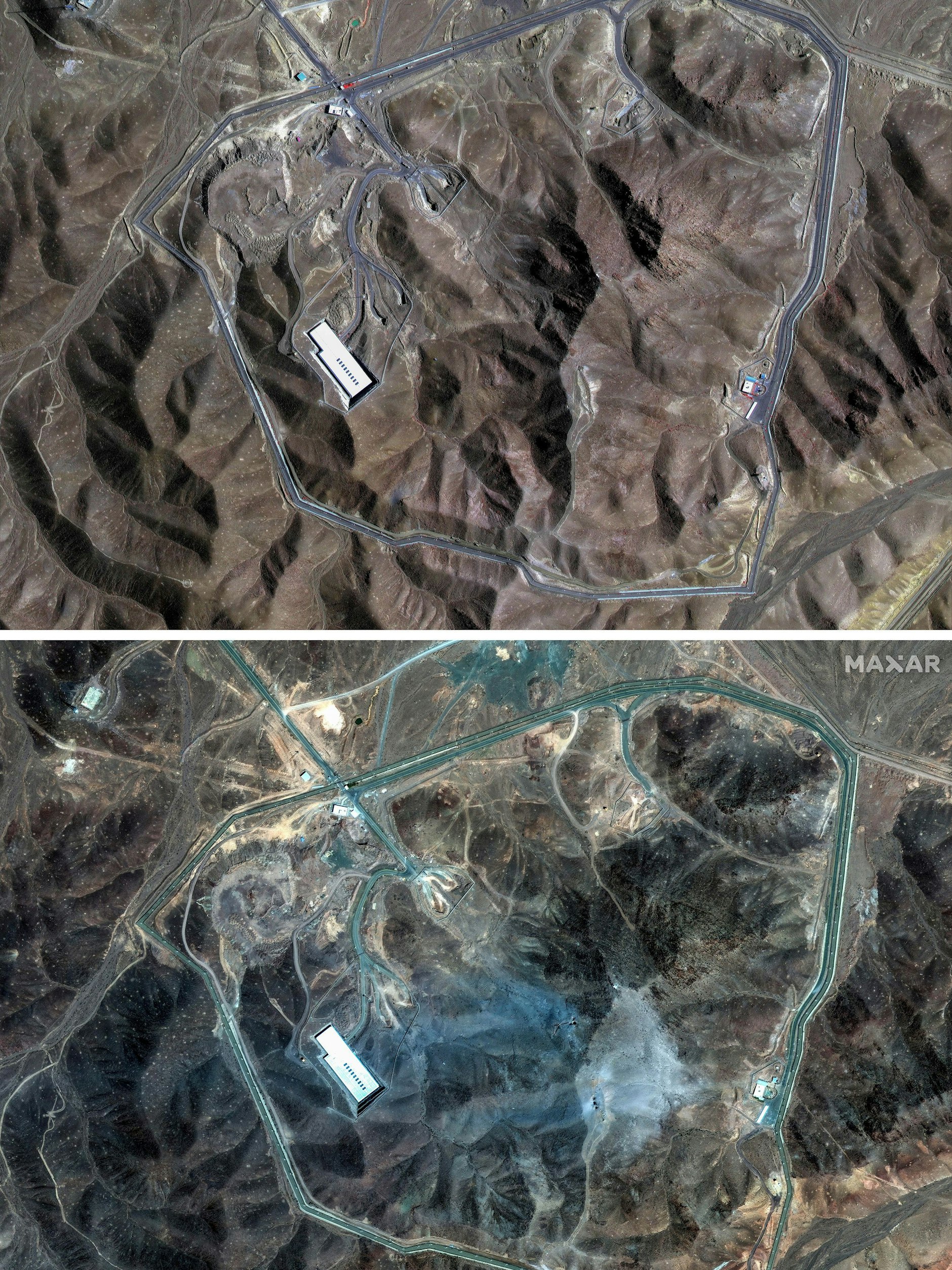 Die Kombo der Satellitenbilder zeigt die Anreicherungsanlage Fordo im Iran vor den US-Angriffen am 20. Juni 2025 (o.) und nach den Angriffen am 22. Juni 2025 (u.).