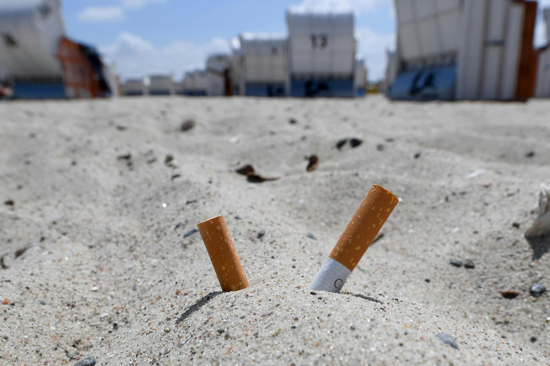 Zigarettenkippen stecken im Sand.