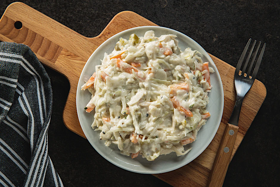 Coleslaw wird mit cremigem Mayonnaise-Dressing und gerne auch mit Sahne dazu angemacht.