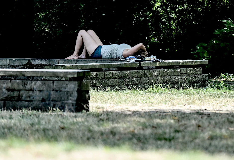 Eine junge Frau ruht sich im Schatten der Bäume aus.