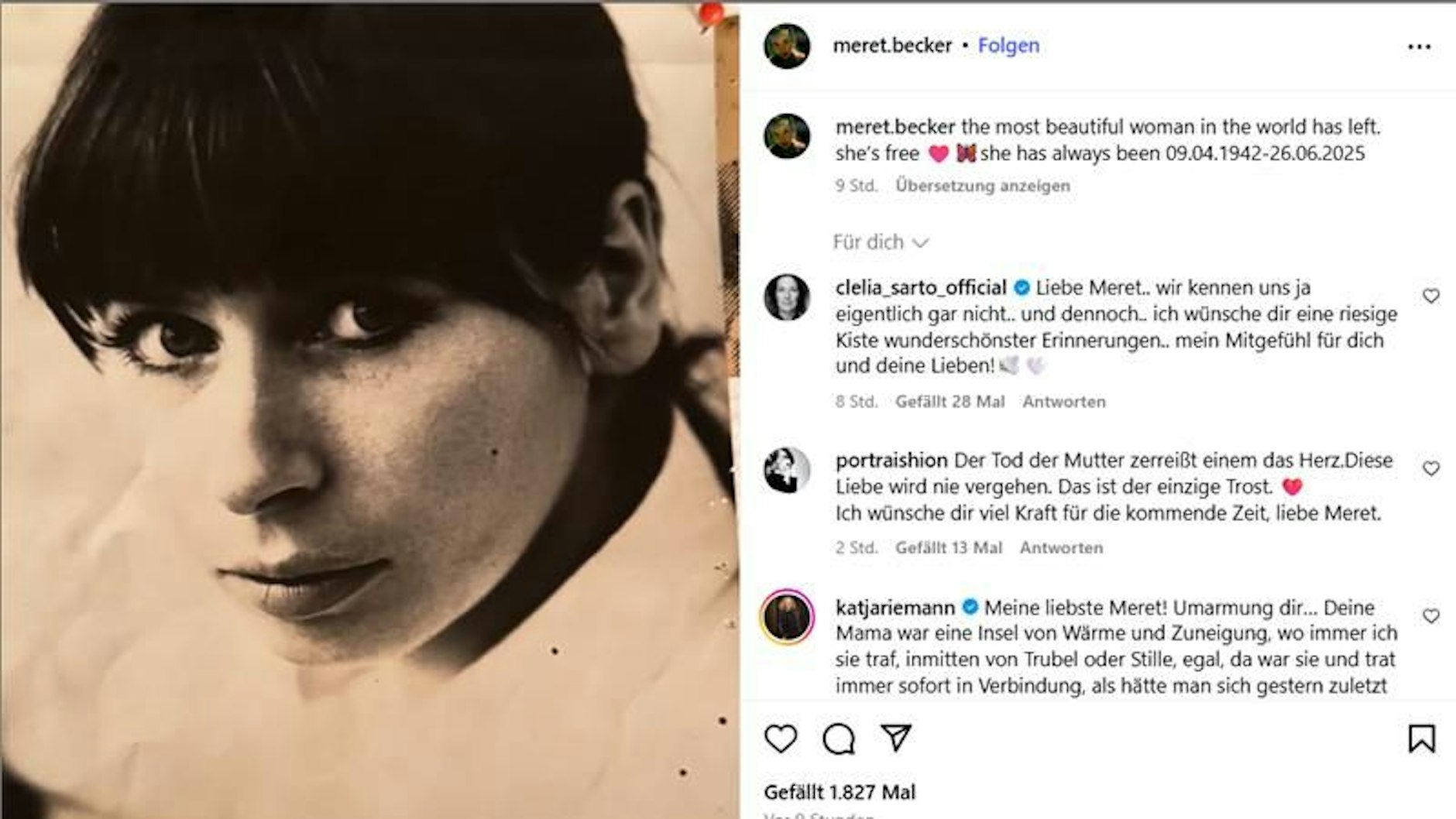Diese Nachricht zum Tod ihrer Mutter Monika Hansen postete „Tatort“-Star Meret Becker auf Instagram.