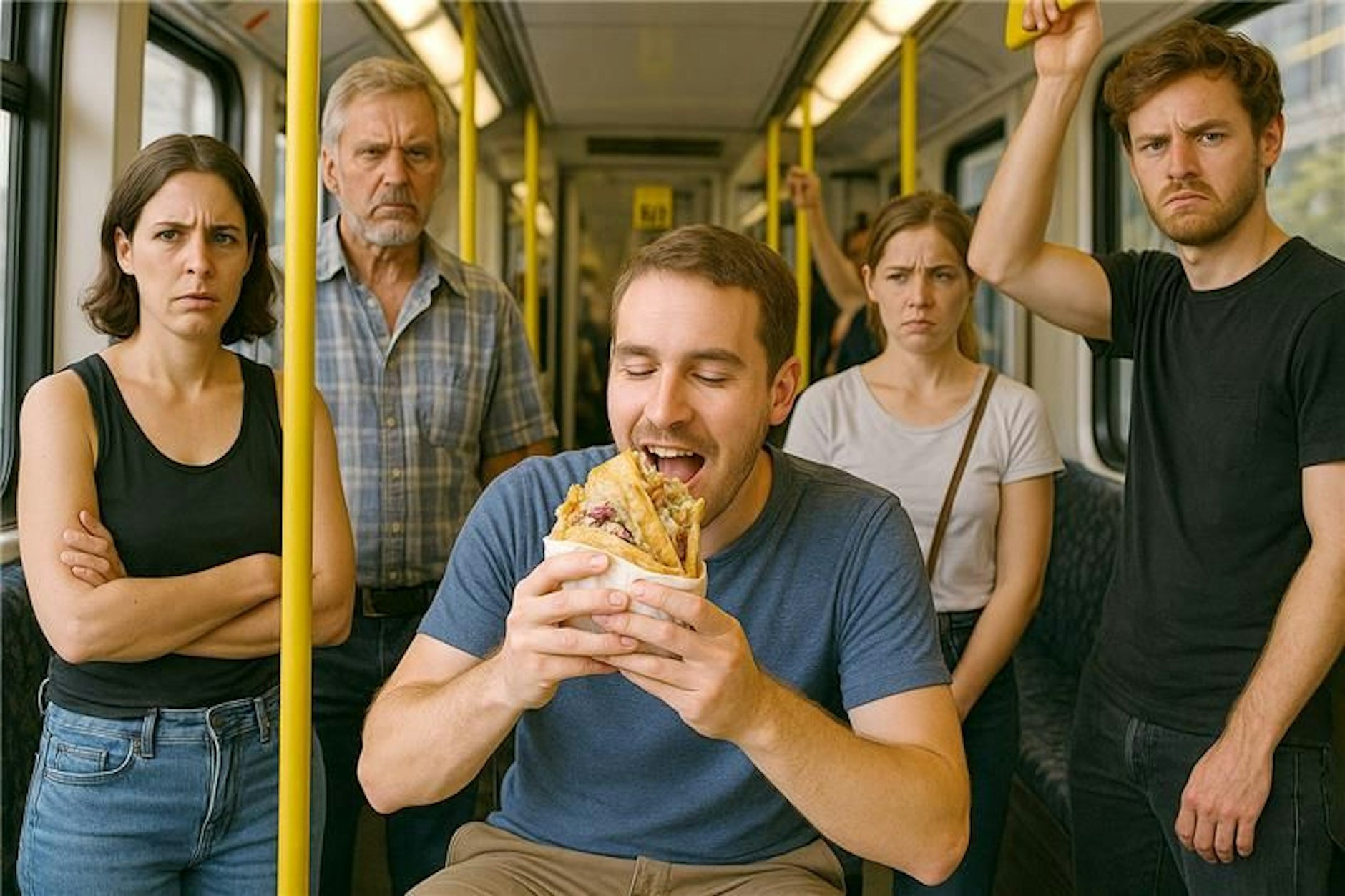 Döner essen in der U-Bahn? Das ist zu allen Jahreszeiten eine schlechte Idee. Doch in der stickigen Sommerluft während der Hitzewelle nervt der Geruch von Zwiebeln und Knoblauch noch mehr.