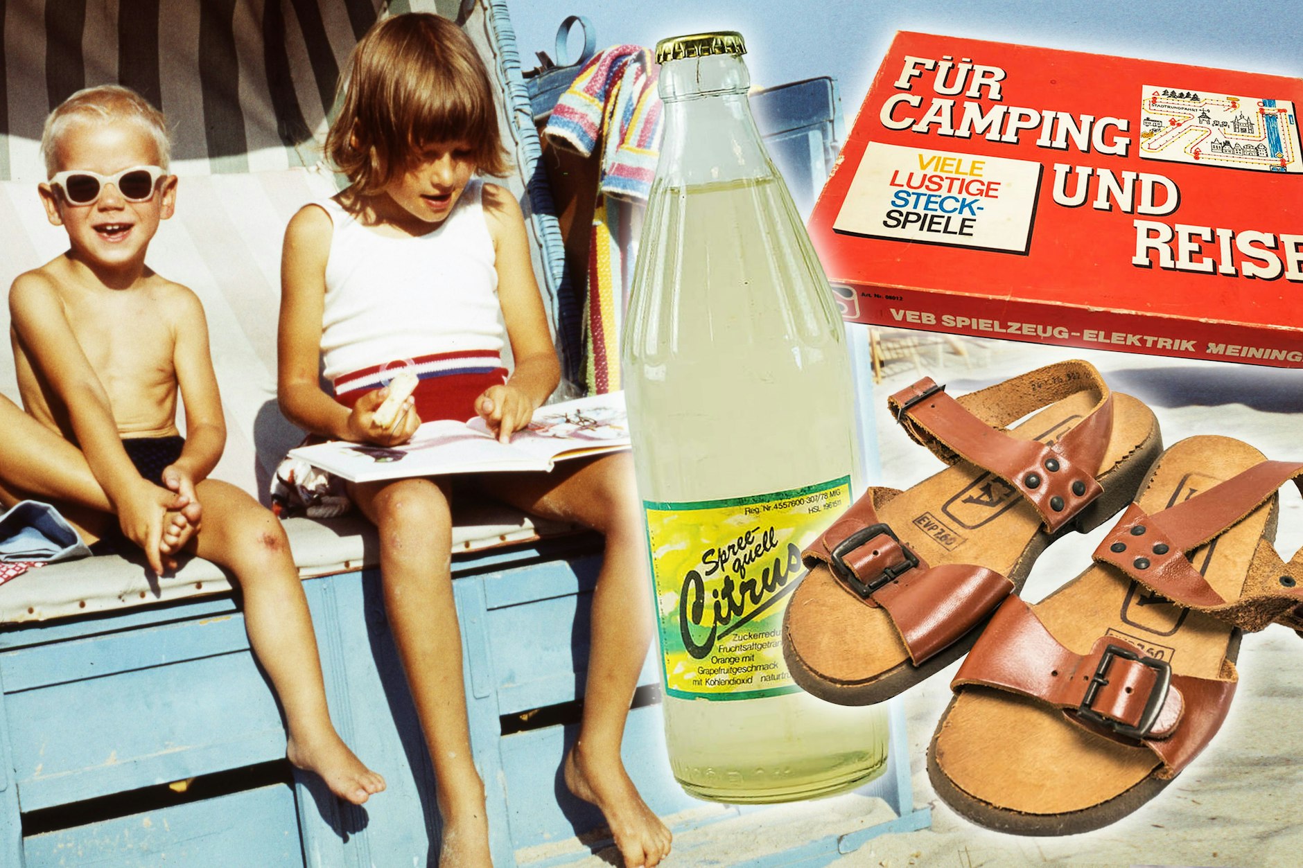 Welche Dinge verbinden Sie mit dem Sommer in der DDR: Wir haben eine kleine Auswahl für Sie. Hier: Limonade von Spreequell, Steckspiele für die Reise und Siesta-Sandalen gehörten für viele zum Sommer.