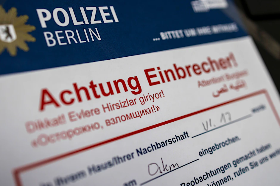 Mit einem Zettel an der Hauseingangstür warnt die Berliner Polizei nach einer Tat vor Einbrechern in der Nachbarschaft und bittet um die Hilfe von möglichen Zeugen.