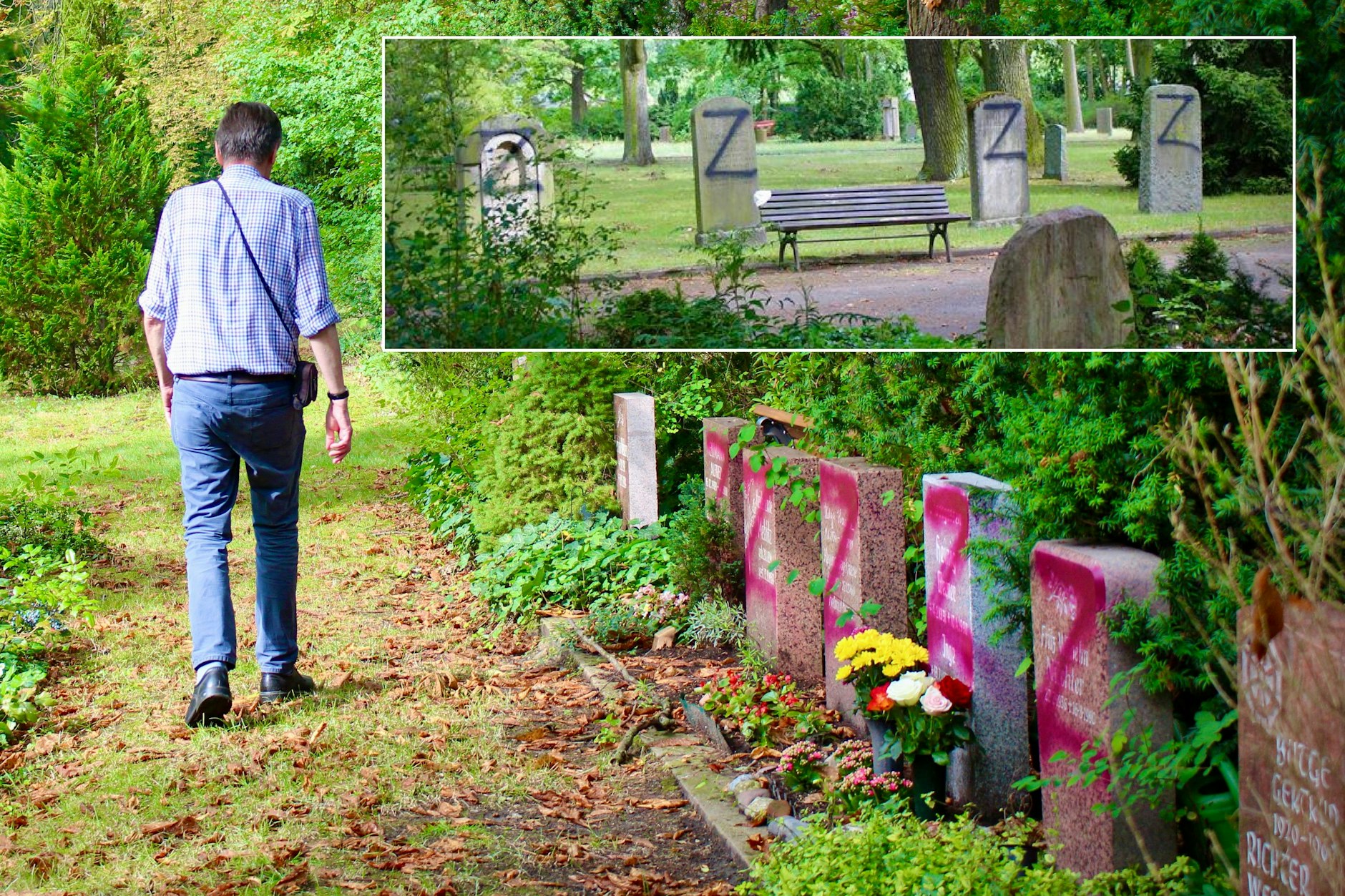 Schrecklicher Vandalismus auf dem Friedhof in der Gudrunstraße in Lichtenberg: Unbekannte sprühten ein „Z“ auf mehr als 100 Grabsteine. Der Berliner Hans, der den Friedhof regelmäßig besucht, ist bestürzt über die Attacke.