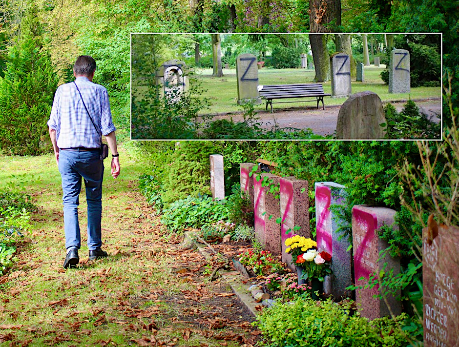 Schrecklicher Vandalismus auf dem Friedhof in der Gudrunstraße in Lichtenberg: Unbekannte sprühten ein „Z“ auf mehr als 100 Grabsteine. Der Berliner Hans, der den Friedhof regelmäßig besucht, ist bestürzt über die Attacke.