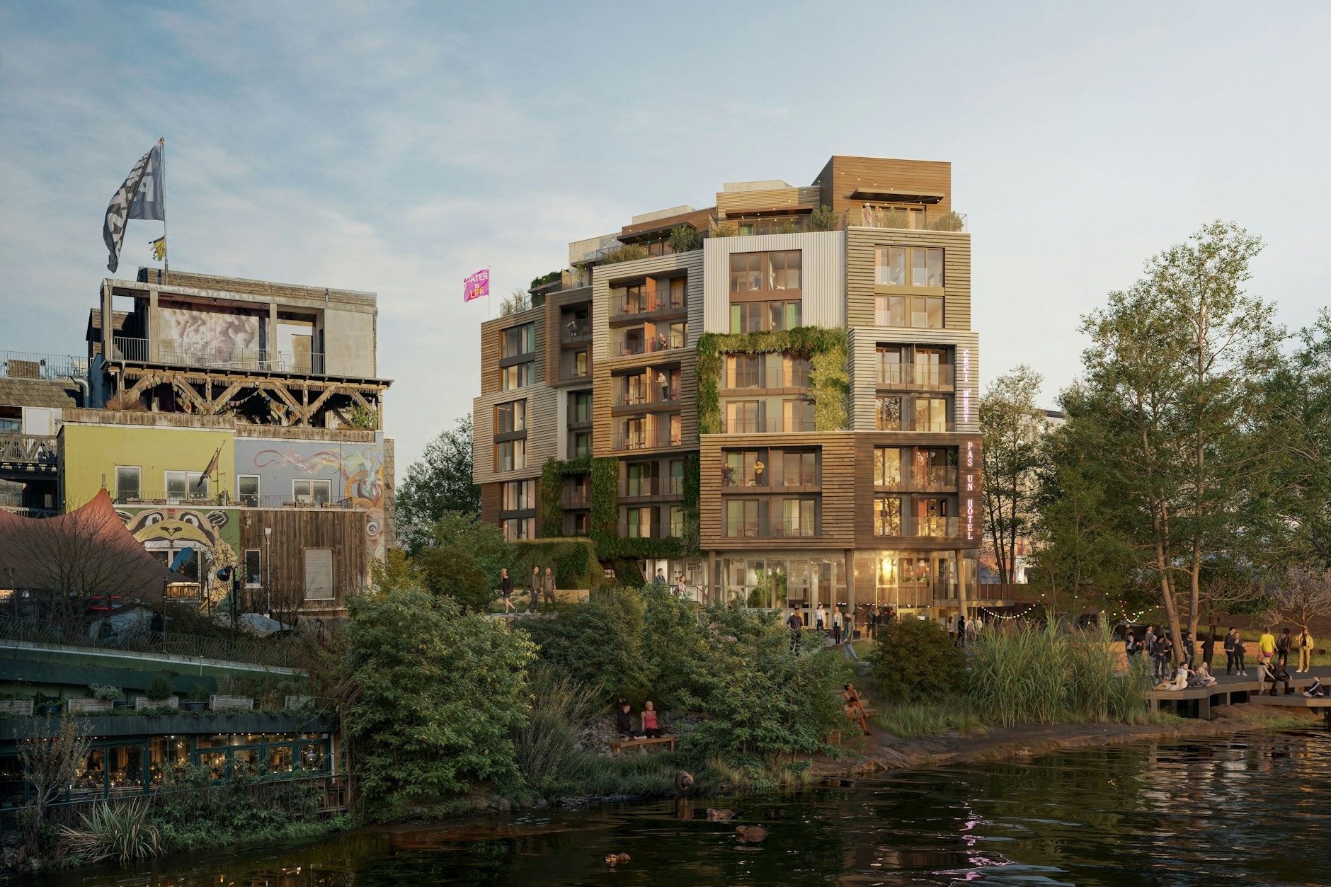 So soll es aussehen: Umgeben von Neubauten liegt die „Villa Viva Holzmarkt“ bald am Spreeufer.