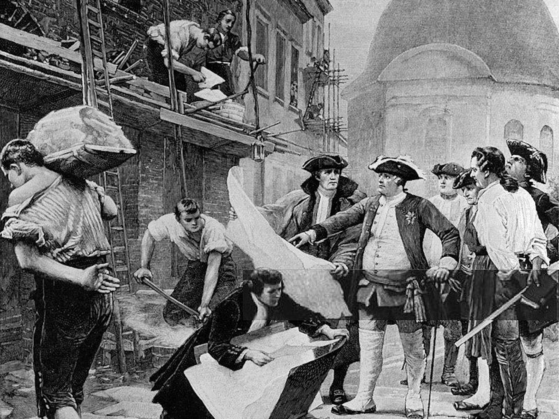 Friedrich Wilhelm I. besichtigt die Bauarbeiten in der von seinem Vater Friedrich I. errichteten Friedrichstadt. Holzstich um 1890