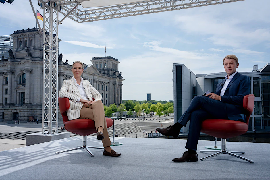 AfD-Chefin Alice Weidel und Moderatur Markus Preiß beim Sommerinterview.