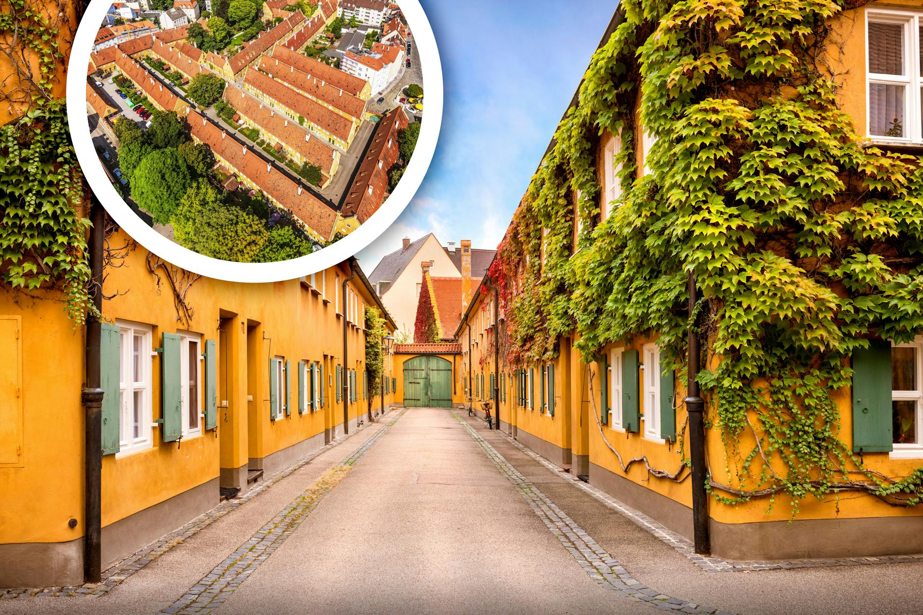 In der Fuggerei (das kleine Foto zeigt eine Luftaufnahme des Gebietes in Augsburg) leben die Menschen noch heute für eine Jahreskaltmiete von 88 Cent.