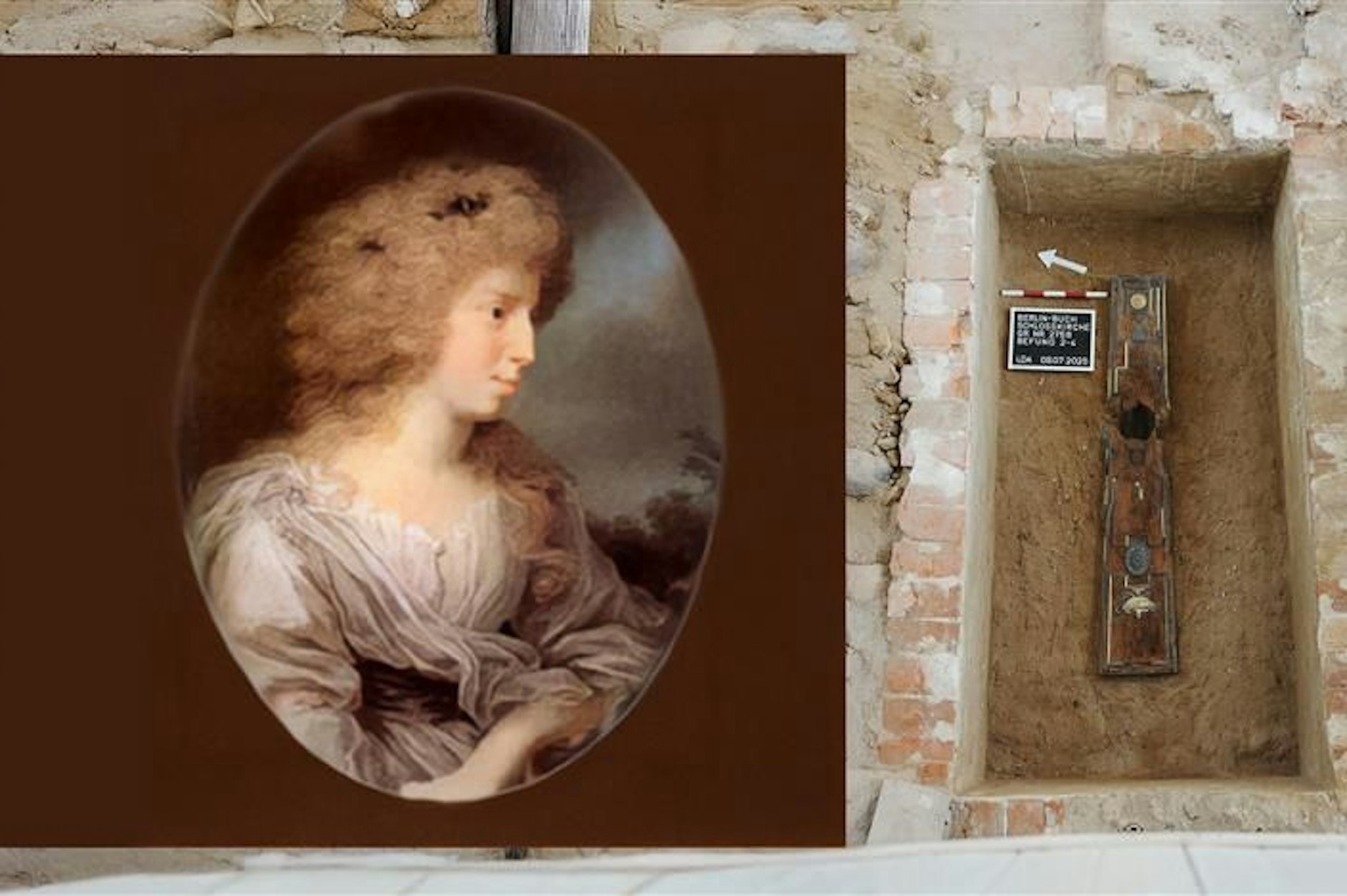 Julie von Voß, Gräfin von Ingenheim, Zweitfrau König Friedrich Wilhelm II. von Preußen. Rechts: Ihre freigelegte Grabstätte in der Schlosskirche Buch.