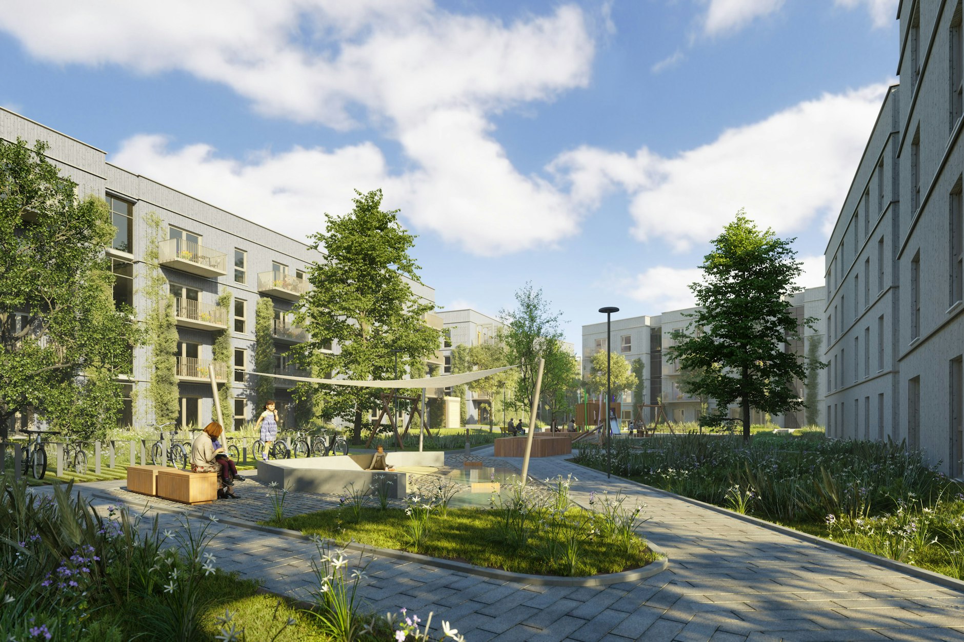 Ein Angerdorf im Kleinformat: Fünf Holzbau-Wohnhäuser werden sich um einen großen Gemeinschaftsgarten herum gruppieren.