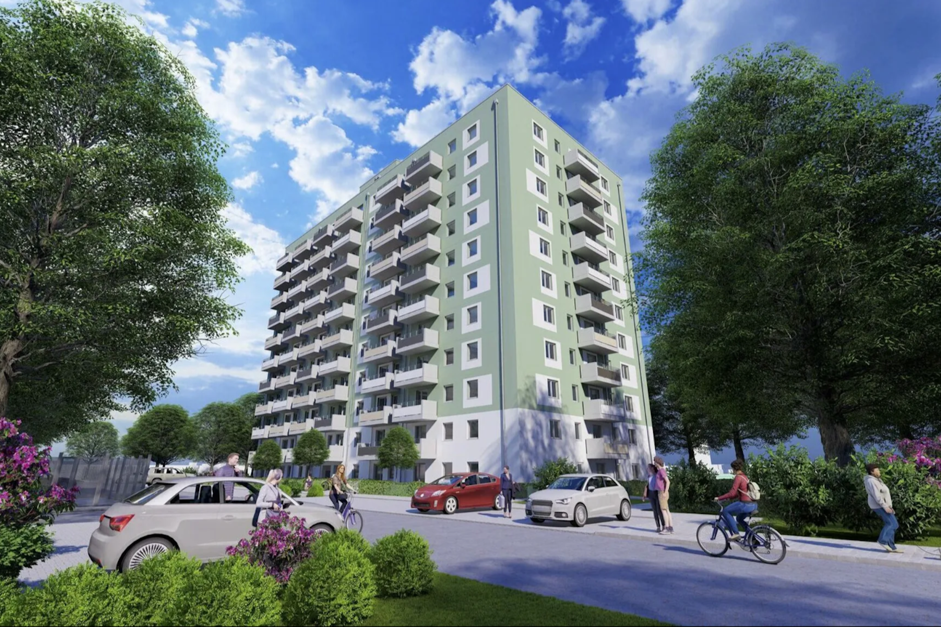 Direkt an der Grenze zu Brandenburg: Für den Elfgeschosser mit 137 Wohnungen sucht die landeseigene Wohnungsbaugesellschaft Stadt und Land jetzt Mieter.