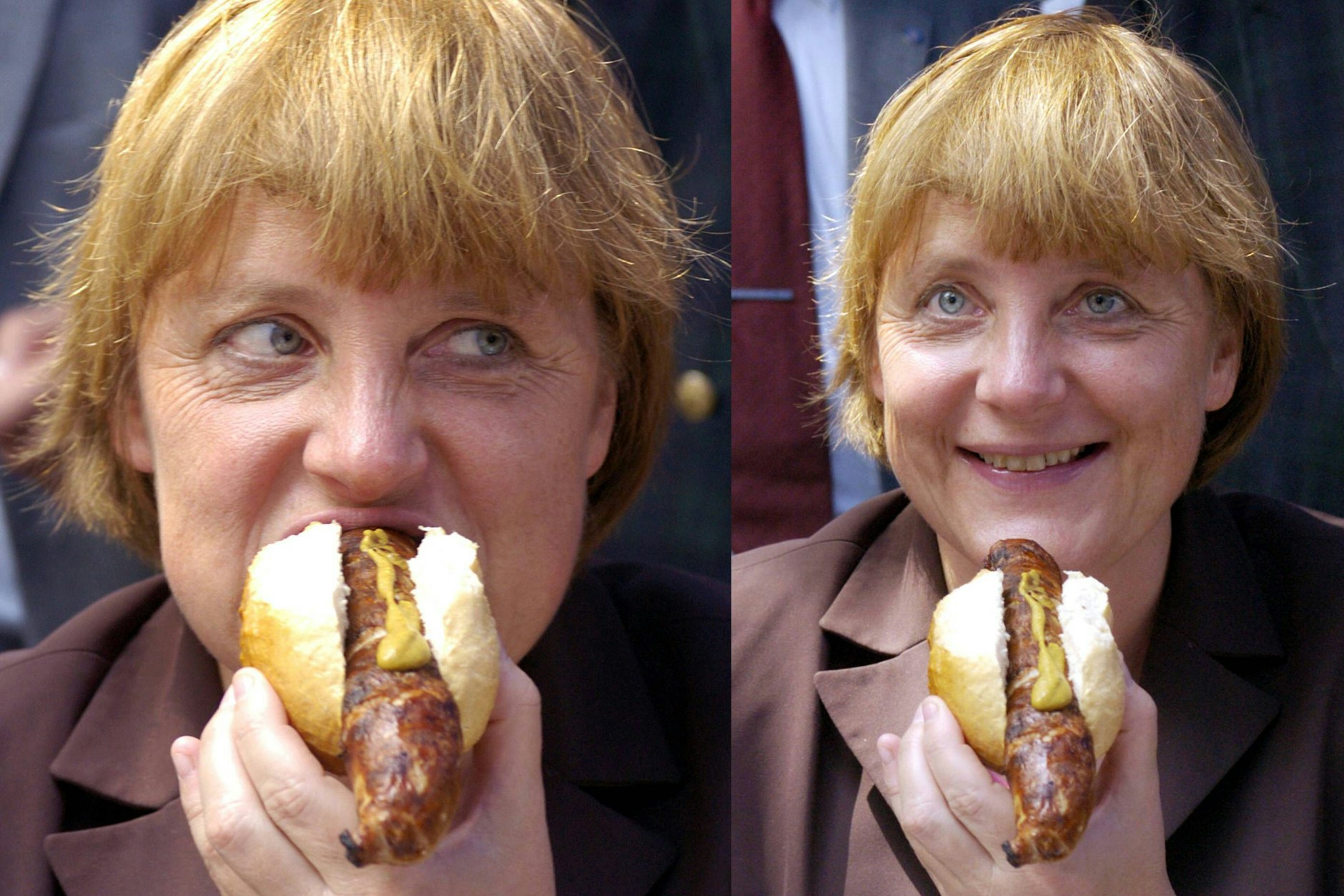Auch Ex-Bundeskanzlerin Angela Merkel ließ sich die Bratwurst auf so manchem Termin schmecken. Hier: Die Politikerin mit einer Thüringer Wurst im Jahr 2005.