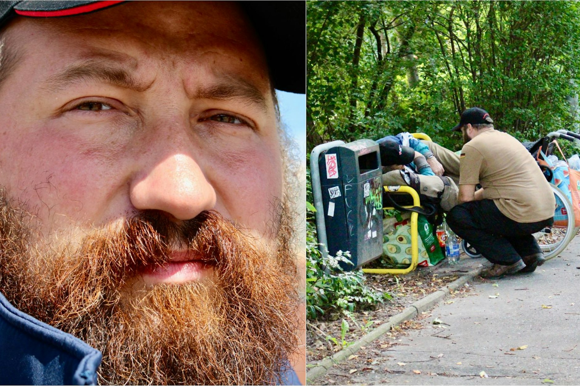 In der Mittagshitze von Marzahn. DRK-Einsatzleiter Markus Puppe reicht einem obdachlosen Mann eine Flasche Wasser. Das Team vom Hitzeschutztelefon in Marzahn-Hellersdorf ist an diesem Sommertag ständig unterwegs, um Menschen vor Kreislaufkollaps und Dehydrierung zu bewahren.