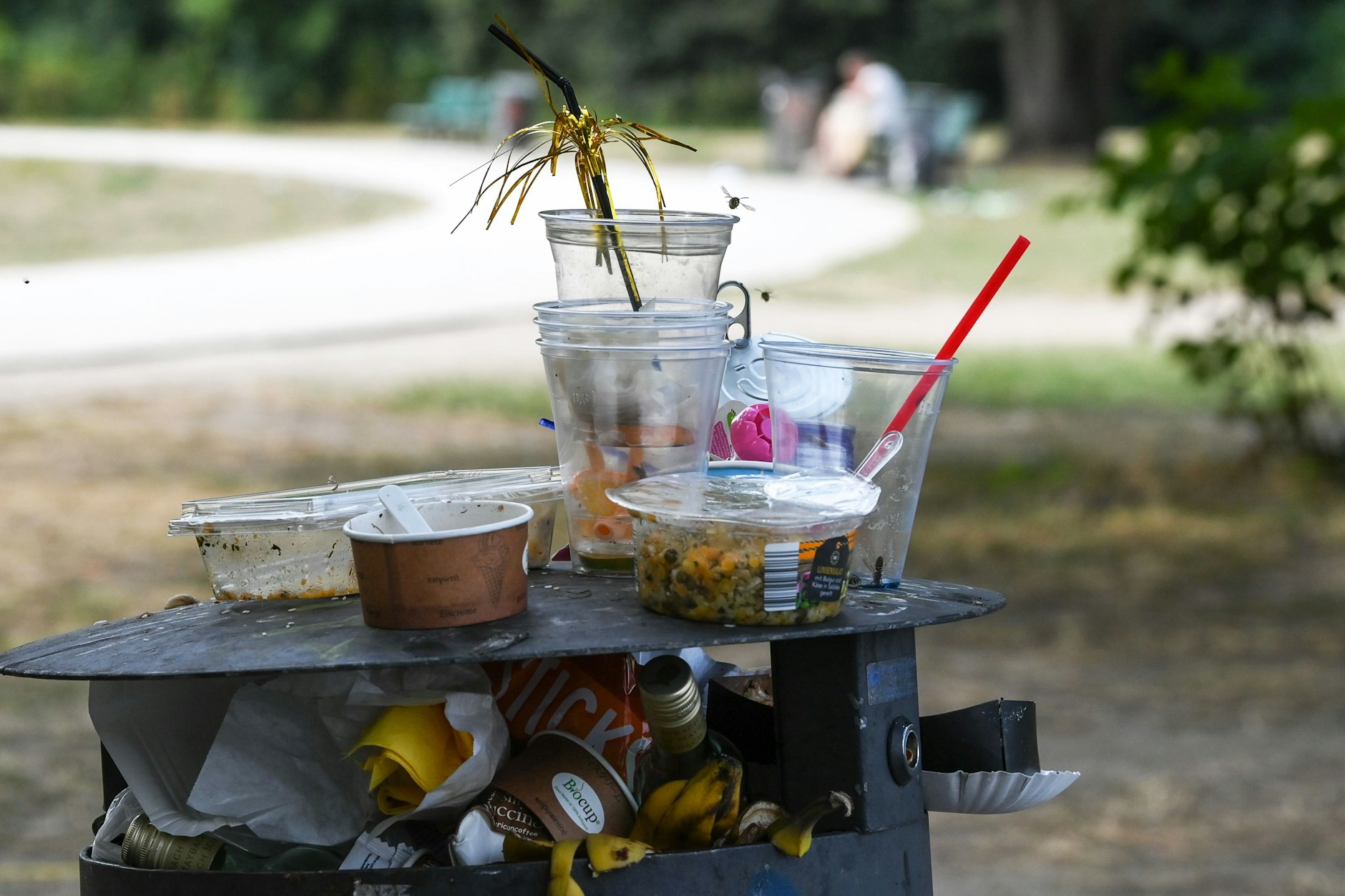 Ein übervoller Mülleimer mit Partymüll im Treptower Park in Berlin.