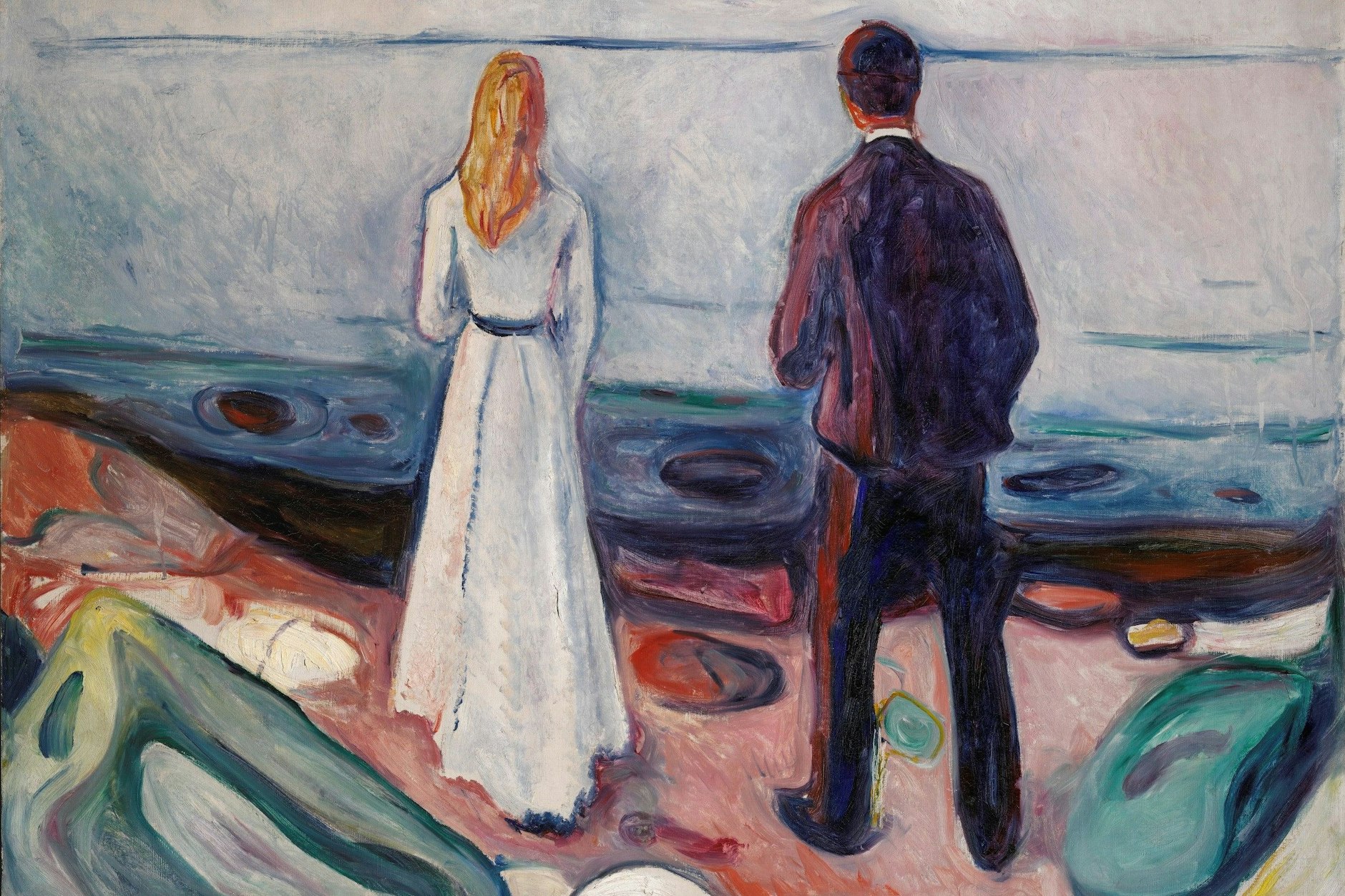 Edvard Munch: „Zwei Menschen. Die Einsamen“, ein Gleichnis für Entfremdung. Vorlage war das Chemnitzer Ehepaar Perls, das sich alsbald trennte. Das Bild gehörte den Kunstsammlungen Chemnitz und wurde von Nazis als „entartet“ verkauft.