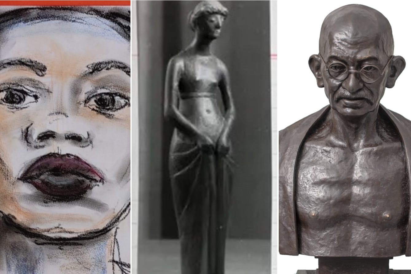 Gesucht werden von der Berliner Polizei unter anderem folgende Kunstwerke (v.l.): ein Frauenporträt von LiLA, eine Bronzefigur von Gerhard Marcks und die Brille von der Gandhi-Figur aus dem Mauermuseum.