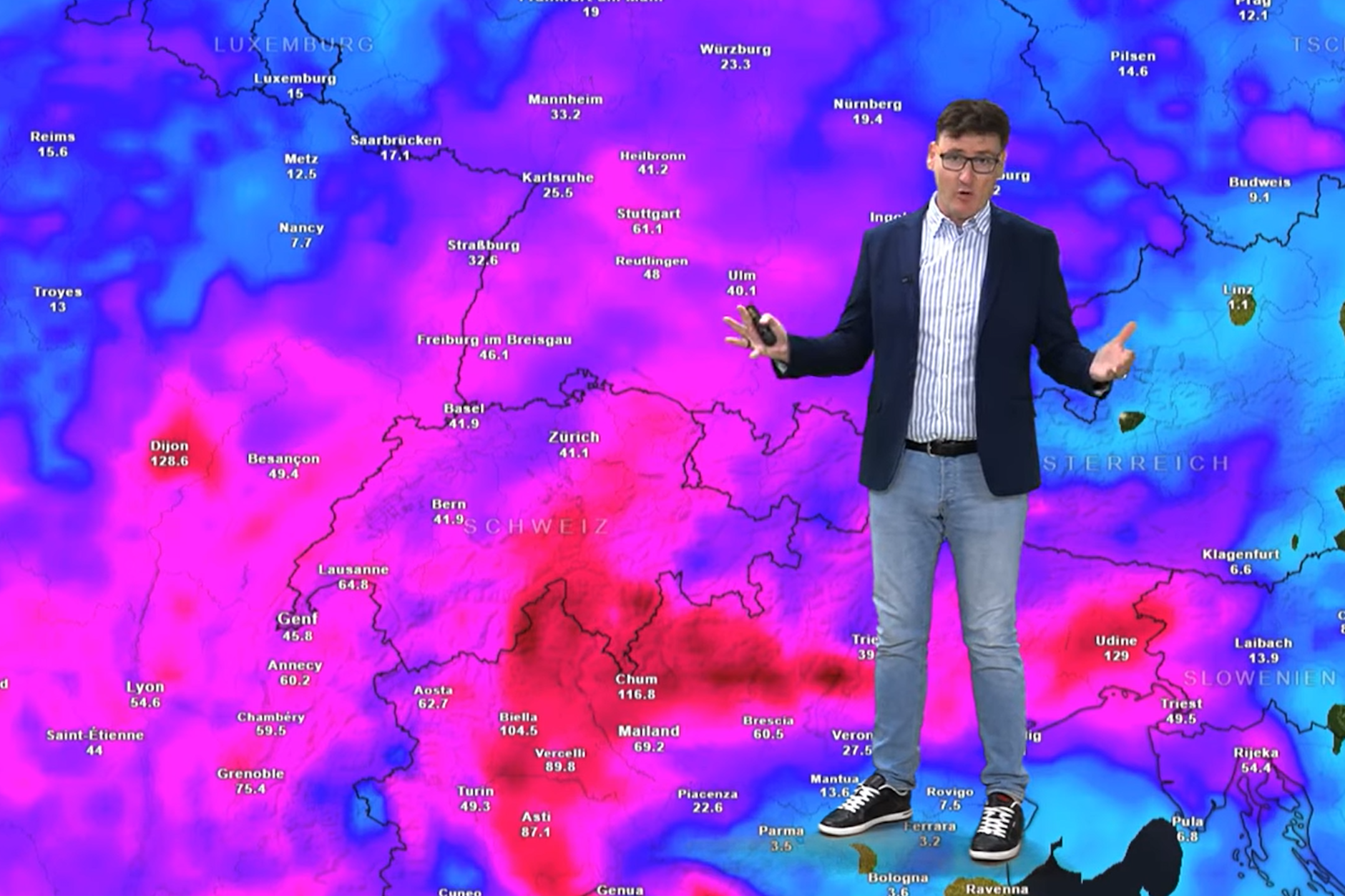 Viel Regen zeigt die Wetterkarte von wetter.net: Für Norditalien sagt Meteorologe Dominik Jung schwere Unwetter voraus.