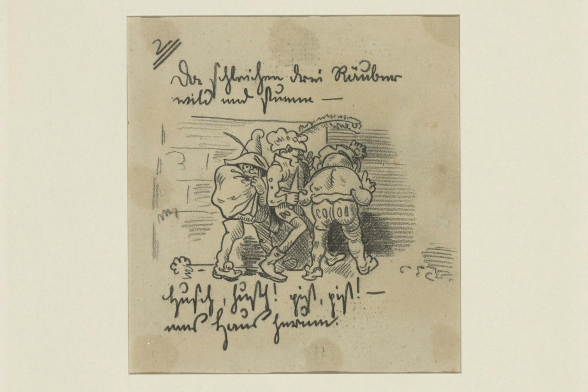 Das ist der wiedergewonnene Schatz für Berlin: Wilhelm Busch: „Die drei Räuber“ (aus: „Die kühne Müllerstochter“), 1868, schwarze Kreide auf Papier (vélin).