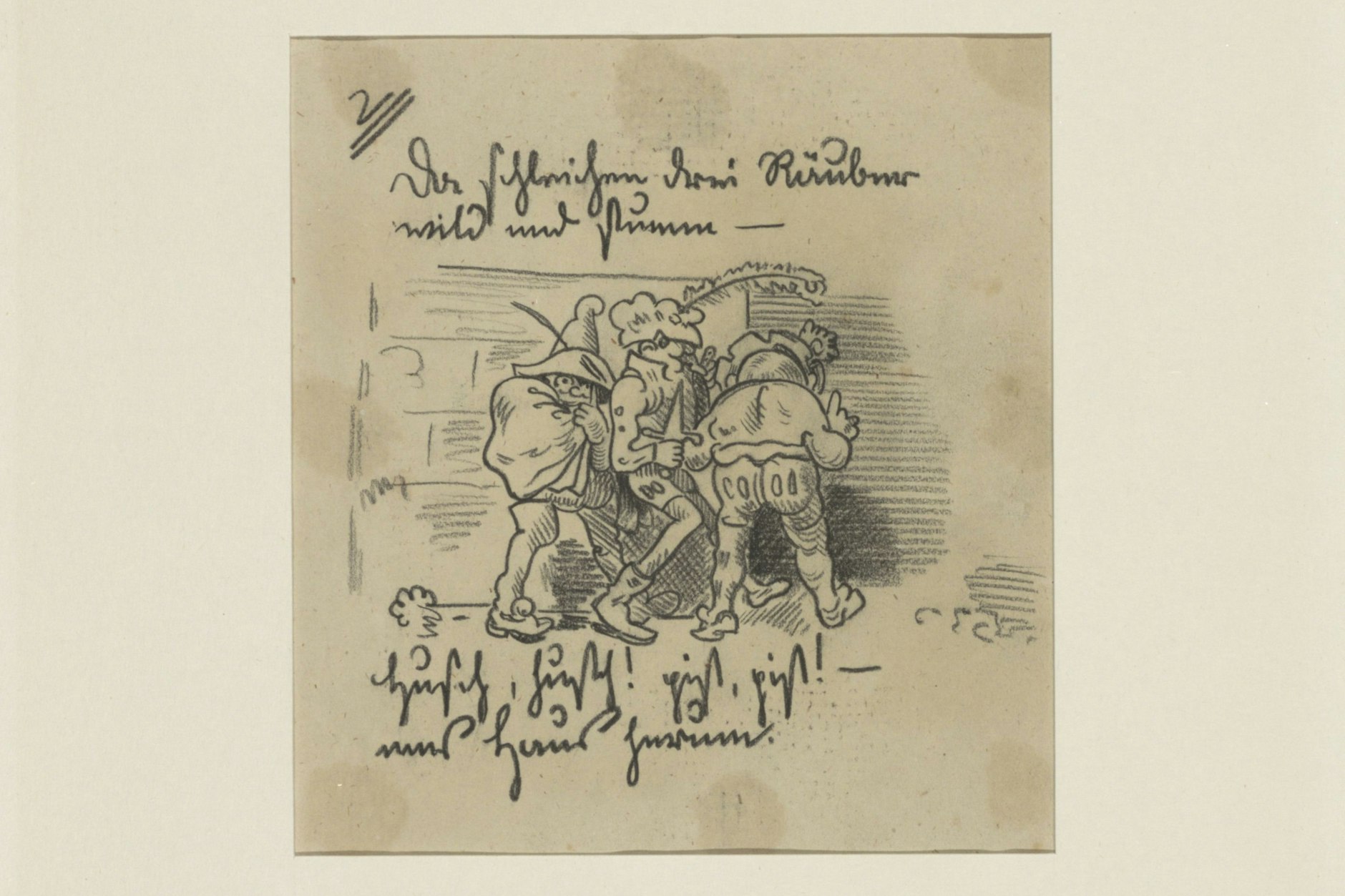 Das ist der wiedergewonnene Schatz für Berlin: Wilhelm Busch: „Die drei Räuber“ (aus: „Die kühne Müllerstochter“), 1868, schwarze Kreide auf Papier (vélin).
