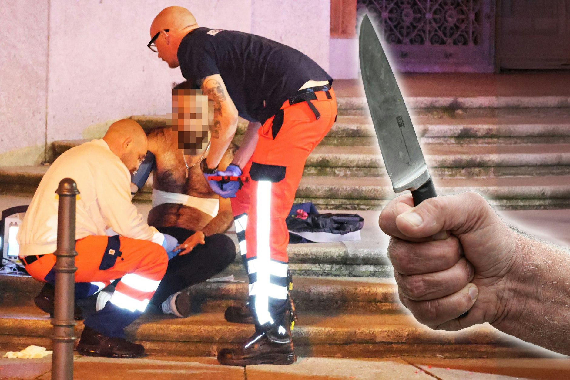 Berliner Rettungskräfte versorgen am Roten Rathaus einen Mann, der mit einem Messer angegriffen wurde, dabei Verletzungen erlitt. 