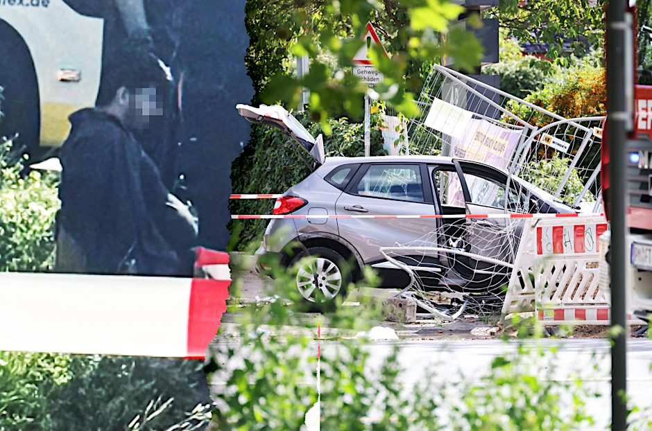 Der Fahrer fuhr mit seinem Wagen in eine Fußgängergruppe, überfuhr dann einen Radfahrer, krachte in einen Bauzaun und kam zum Stehen. Links: Der Fahrer bei seiner Festnahme.